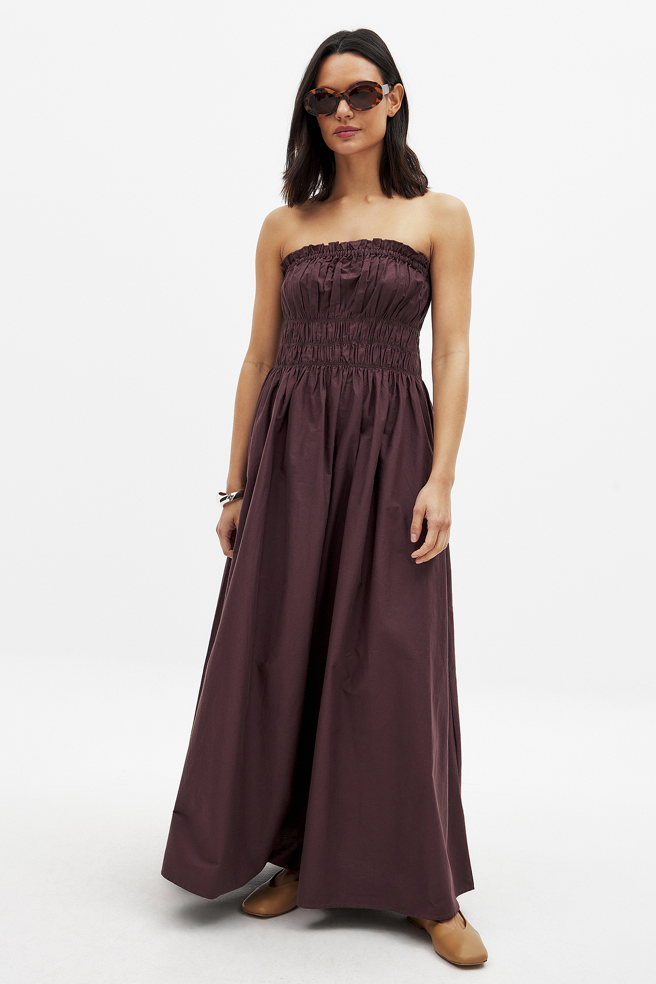 Cotton Bandeau Ruched Midi Dress Brown | NA-KD Cotton Bandeau Ruched Midi Dress Brown | NA-KD