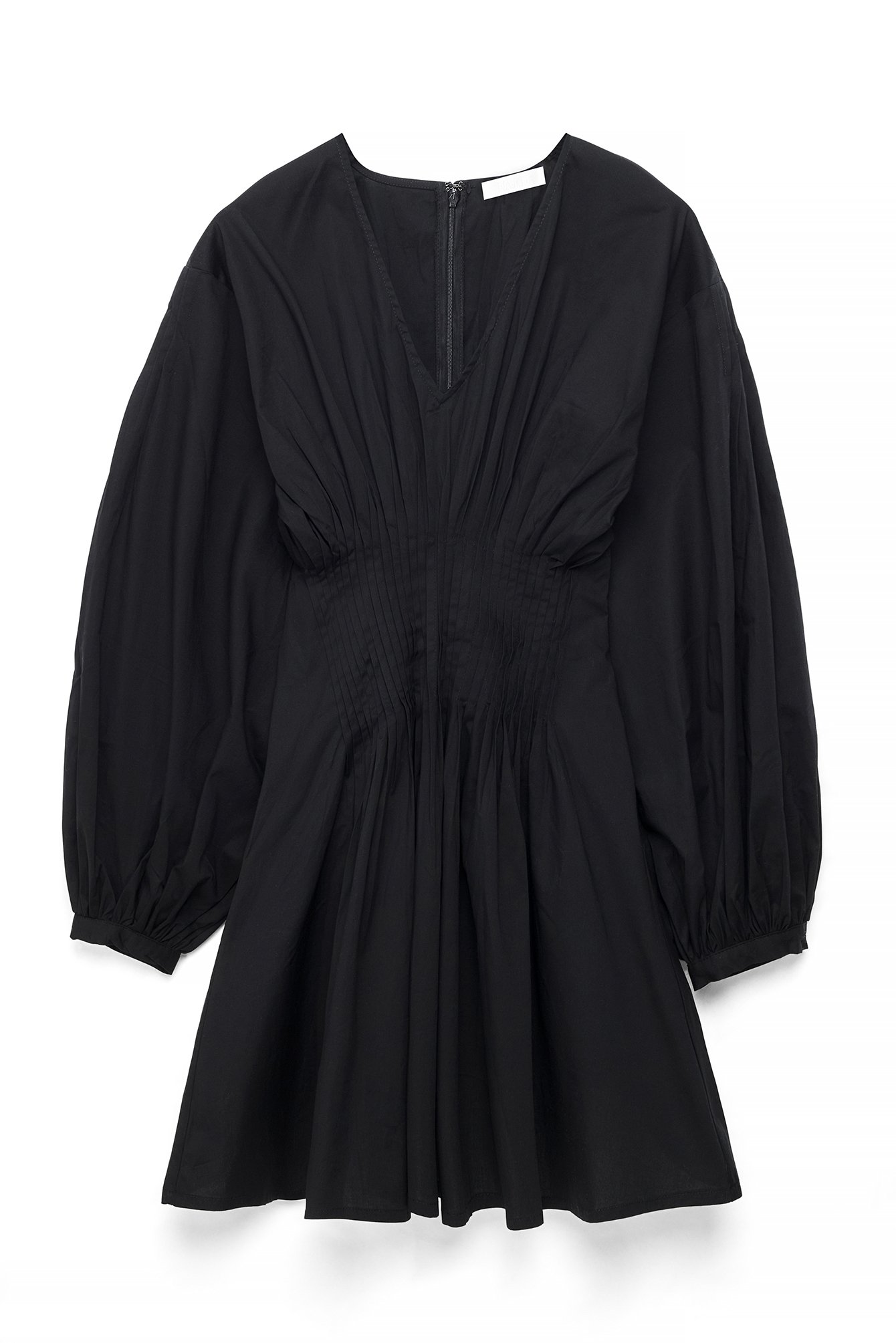 Black Cotton Long Sleeve Pintuck Mini Dress