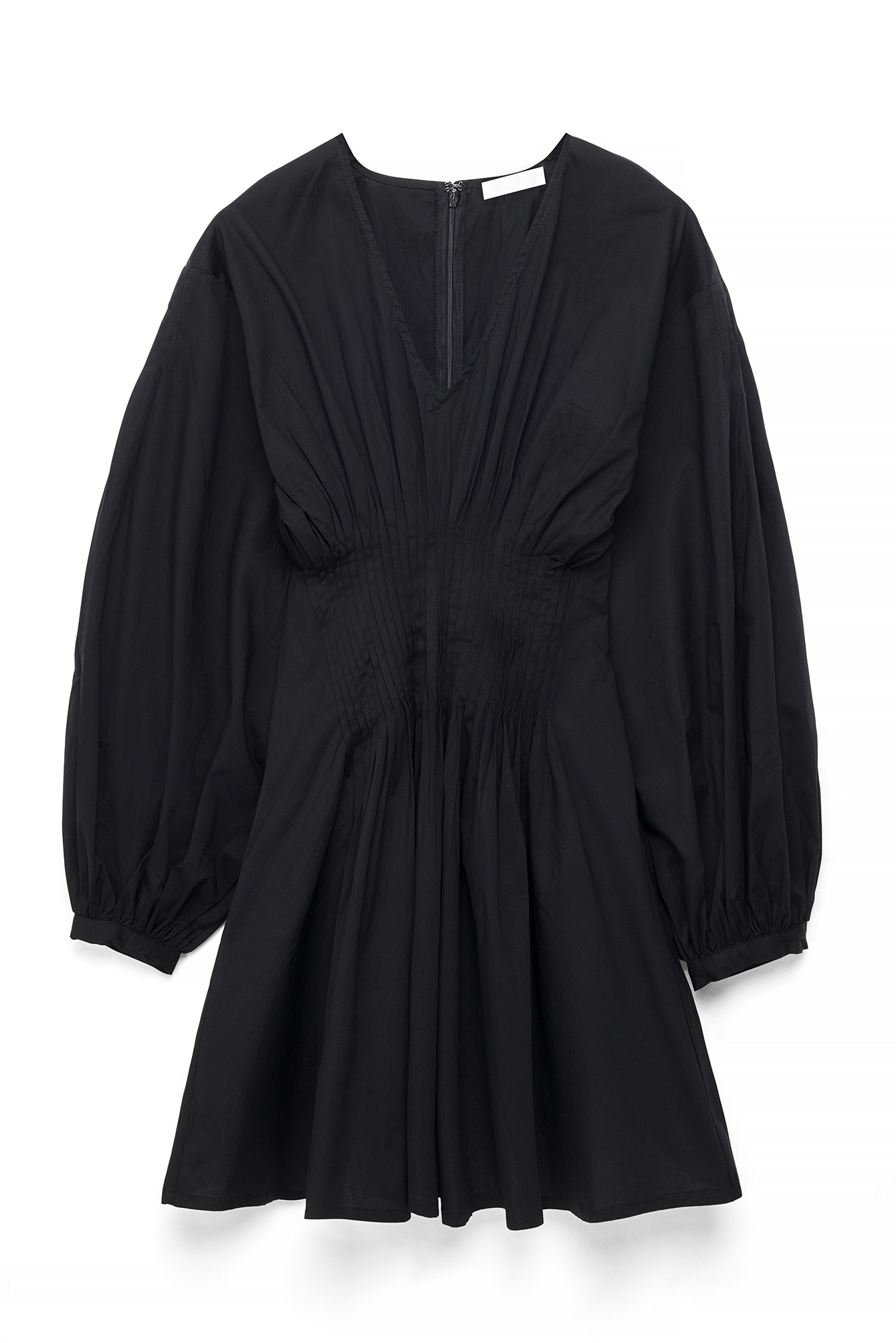 Black Cotton Long Sleeve Pintuck Mini Dress