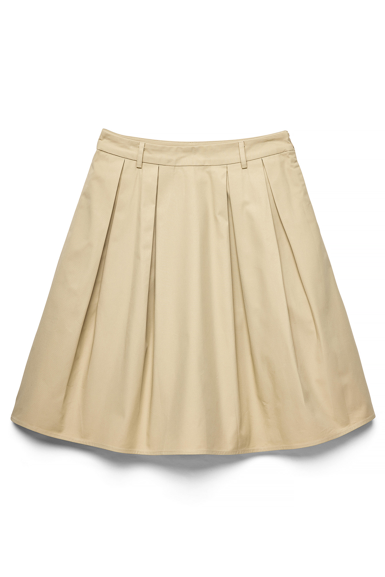 Light Beige Cotton Pleat Detail Midi Skirt