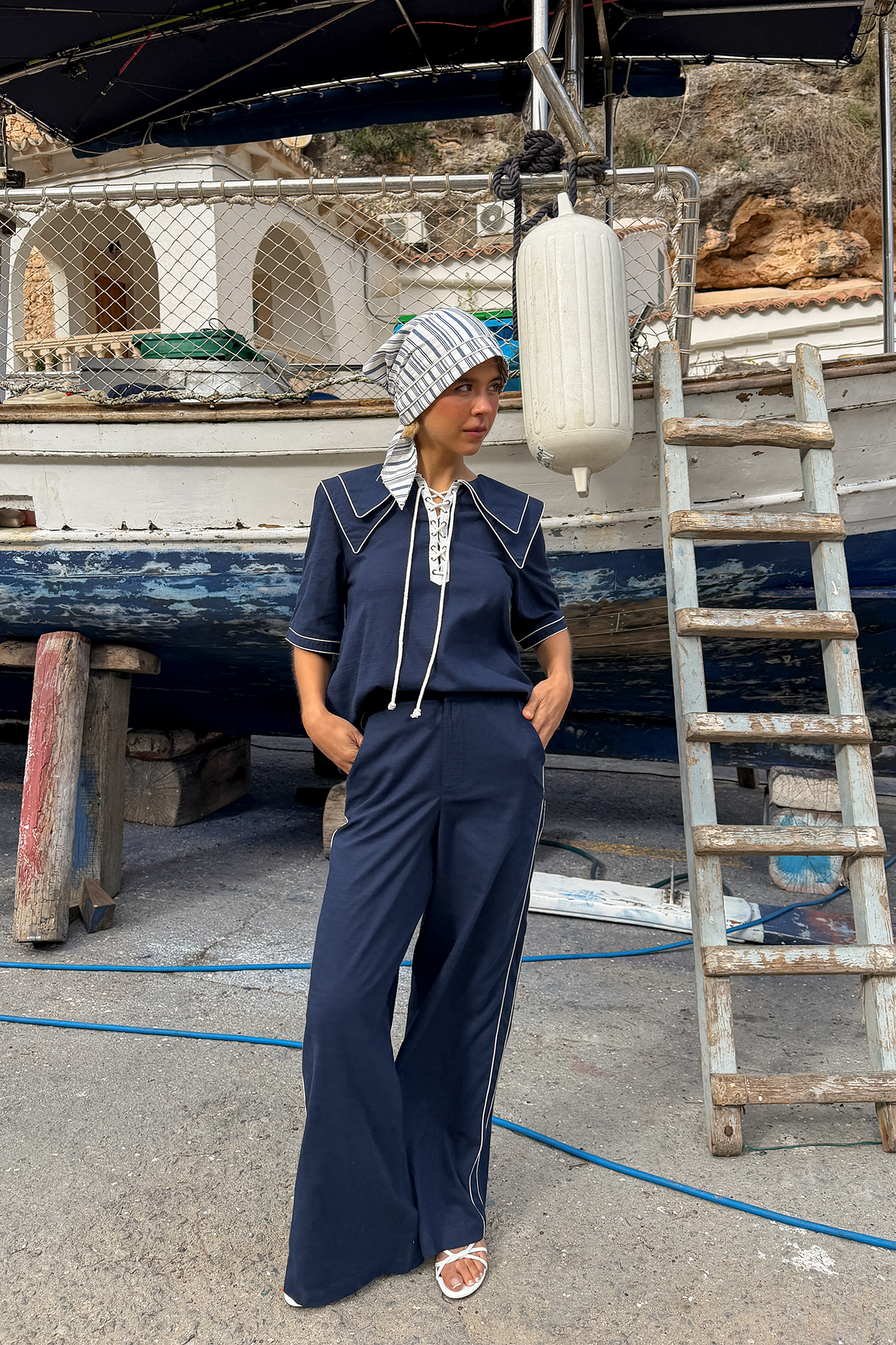 Ines Isaias x NA-KD Straight Mid Waist Cotton Trousers - Summer Pants - Navy - EU 32 - NA-KD / NAKD