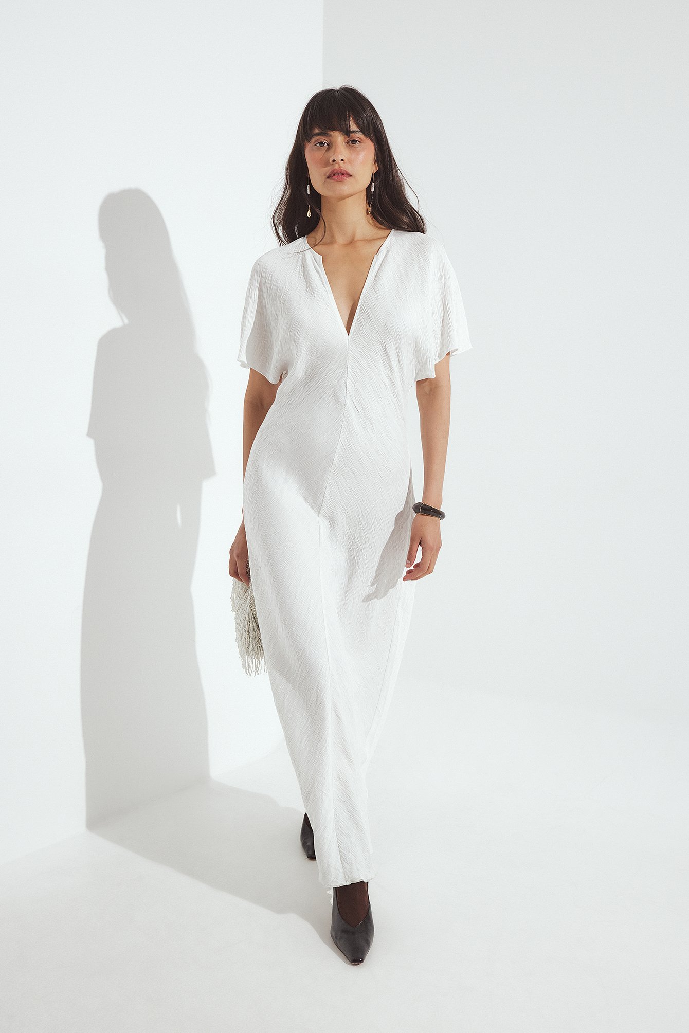 NA-KD Robe mi-longue effet froissé à manches courtes - Robes d'Automne - Blanc - EU 32 - NA-KD / NAKD