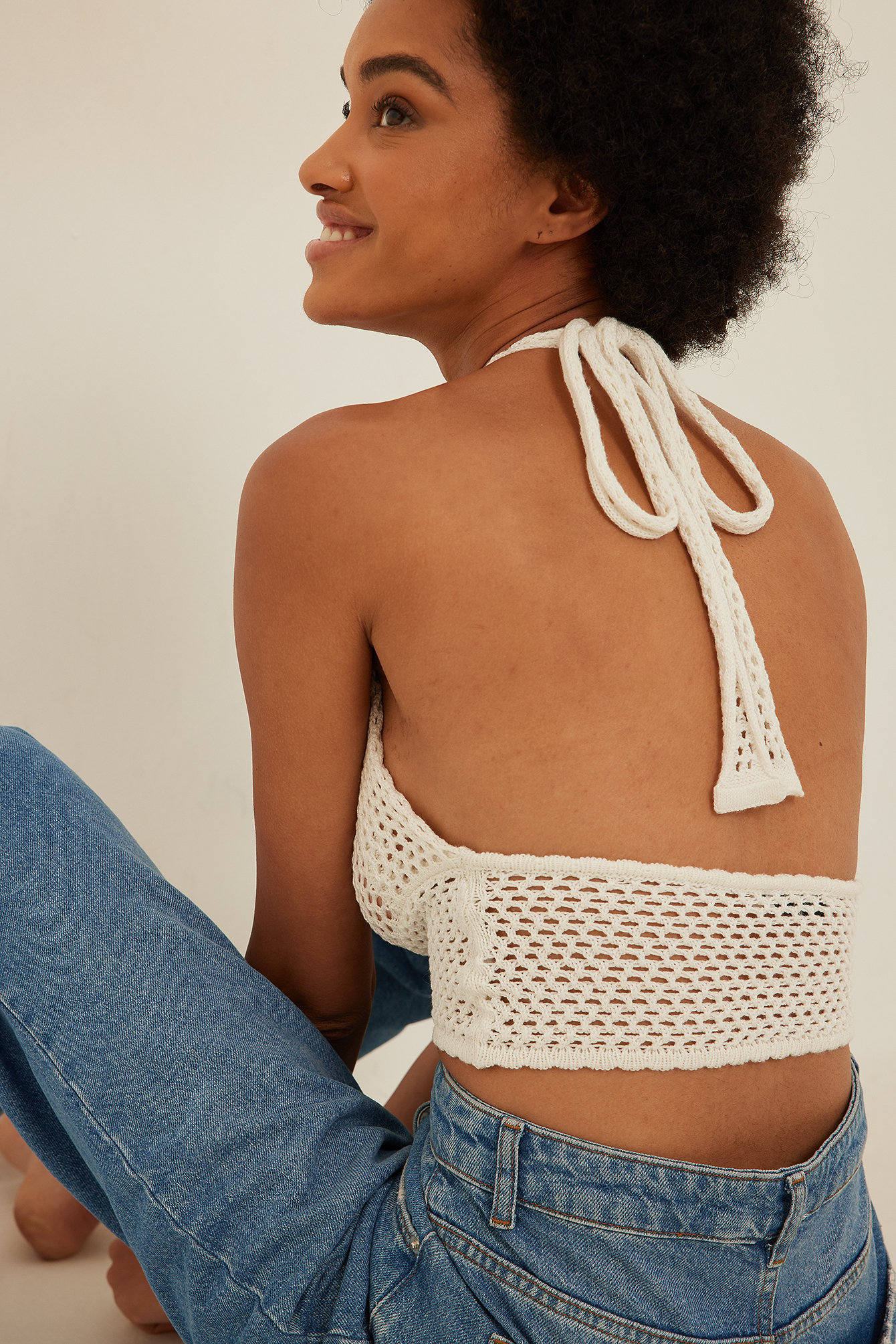 NA-KD Crochet Knitted Halterneck Top - Offwhite