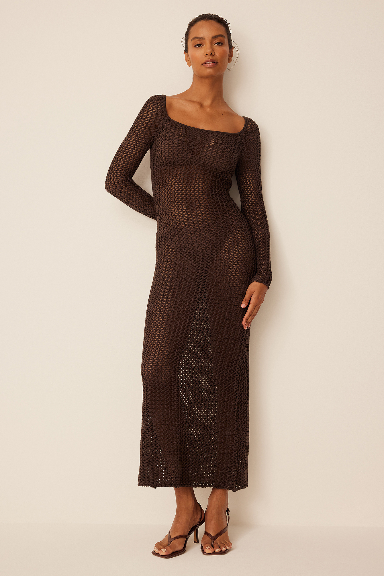 Crochet Knitted Long Dress Brown