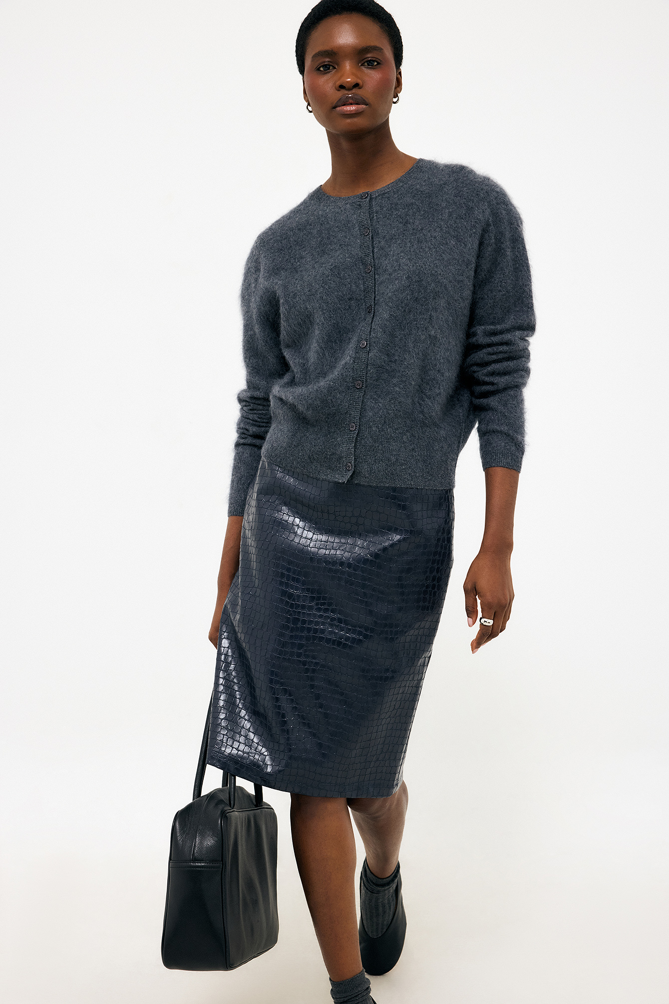 Navy Croco Knee Length Skirt