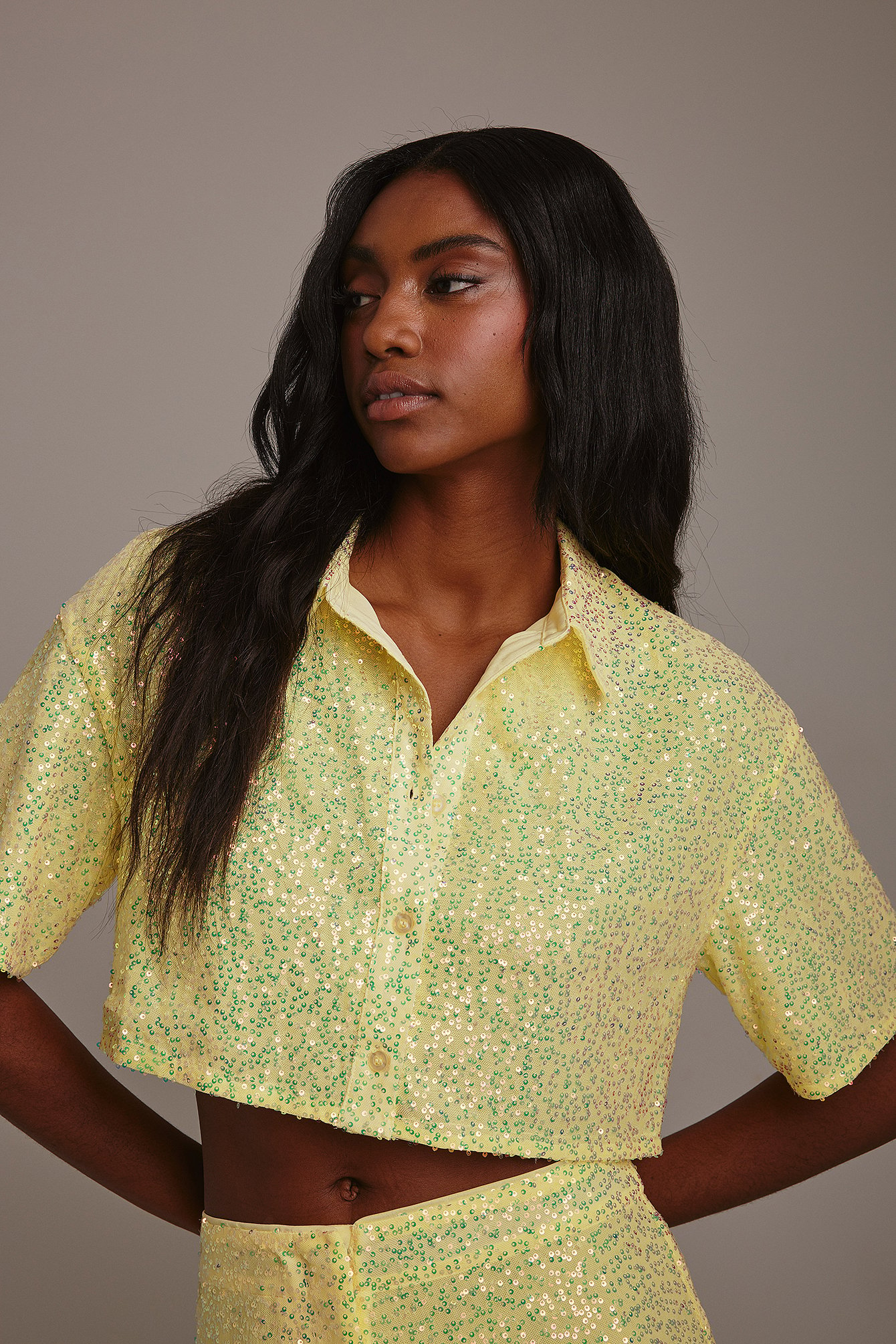Yellow Cropped Boxy Sequin Shirt