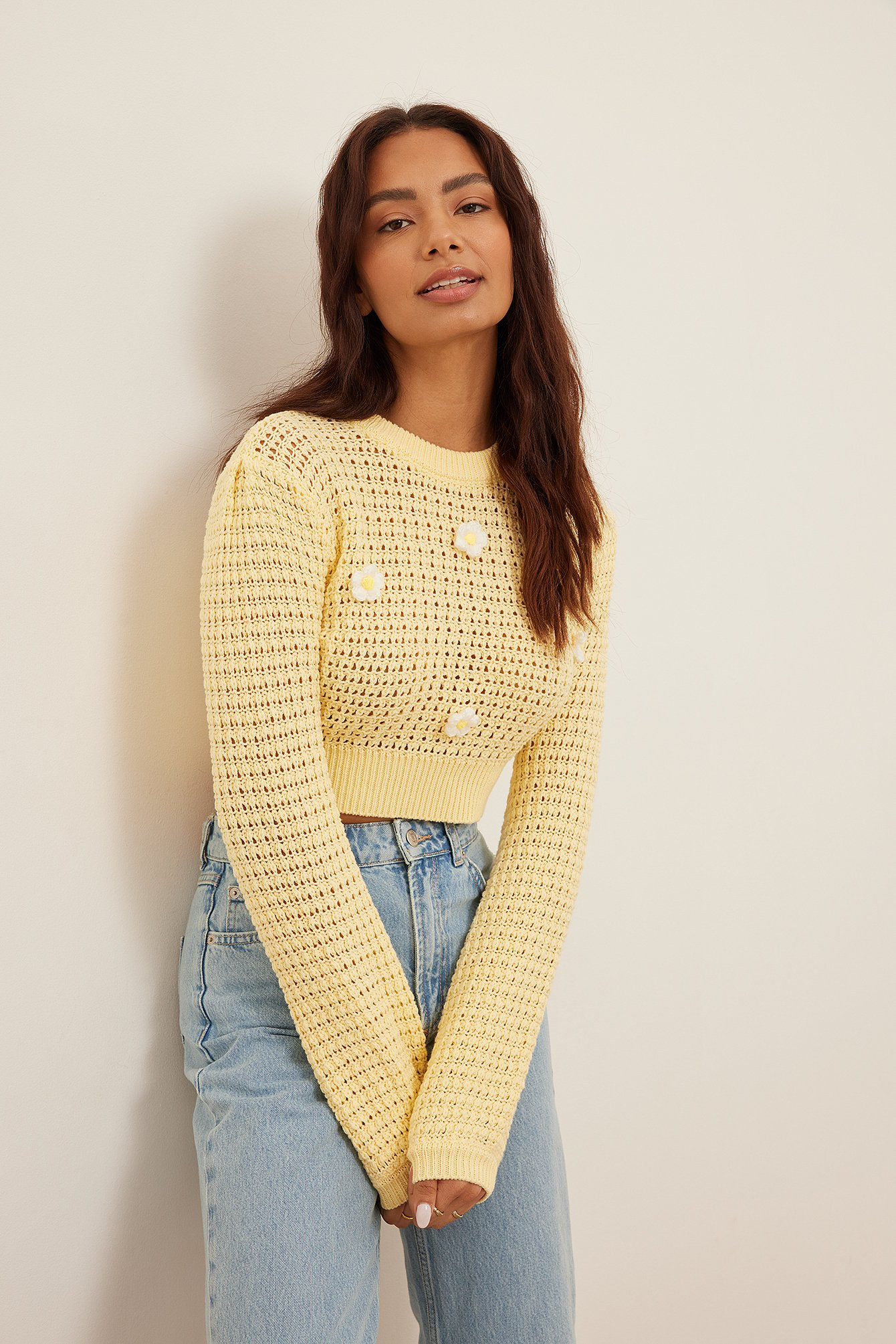 Light Yellow Cropped Knitted Flower Sweater