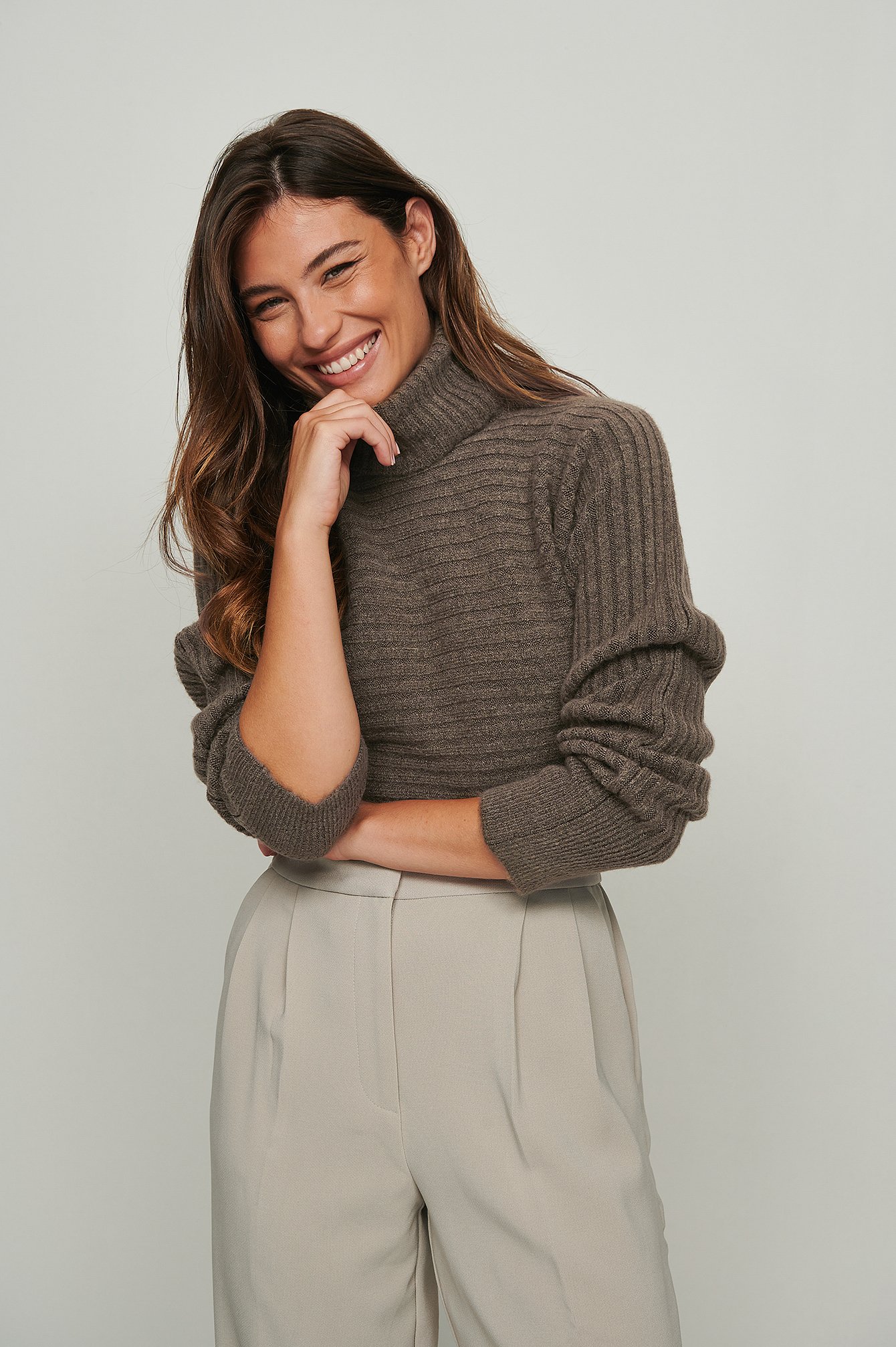 Brown Cropped Knitted High Neck Sweater