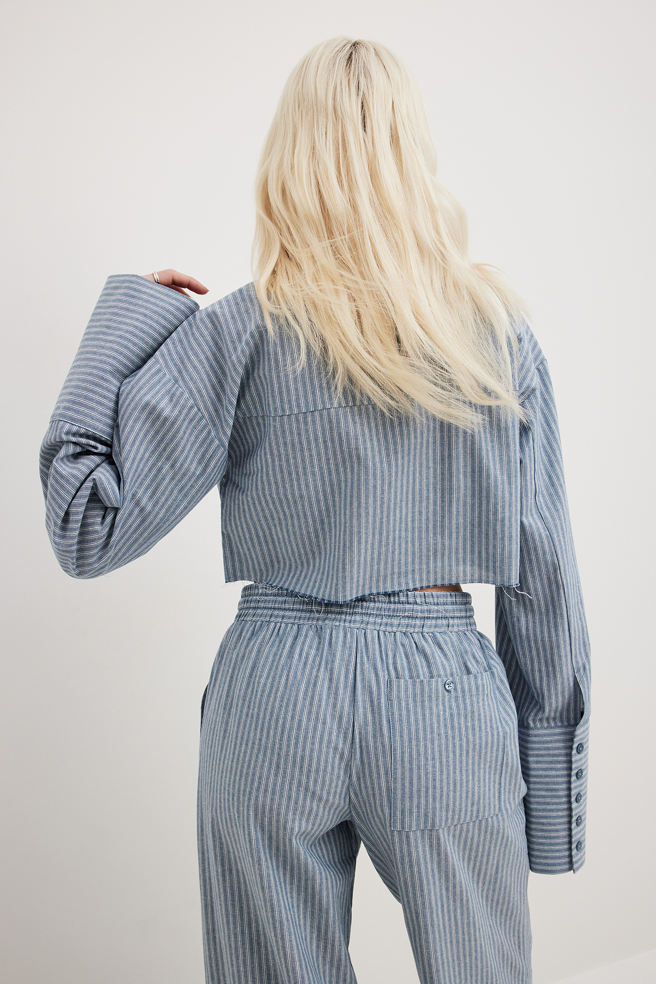 COTTON CROPPED SHIRT HALF SLEEVE STRIPE_BLUE main image 0