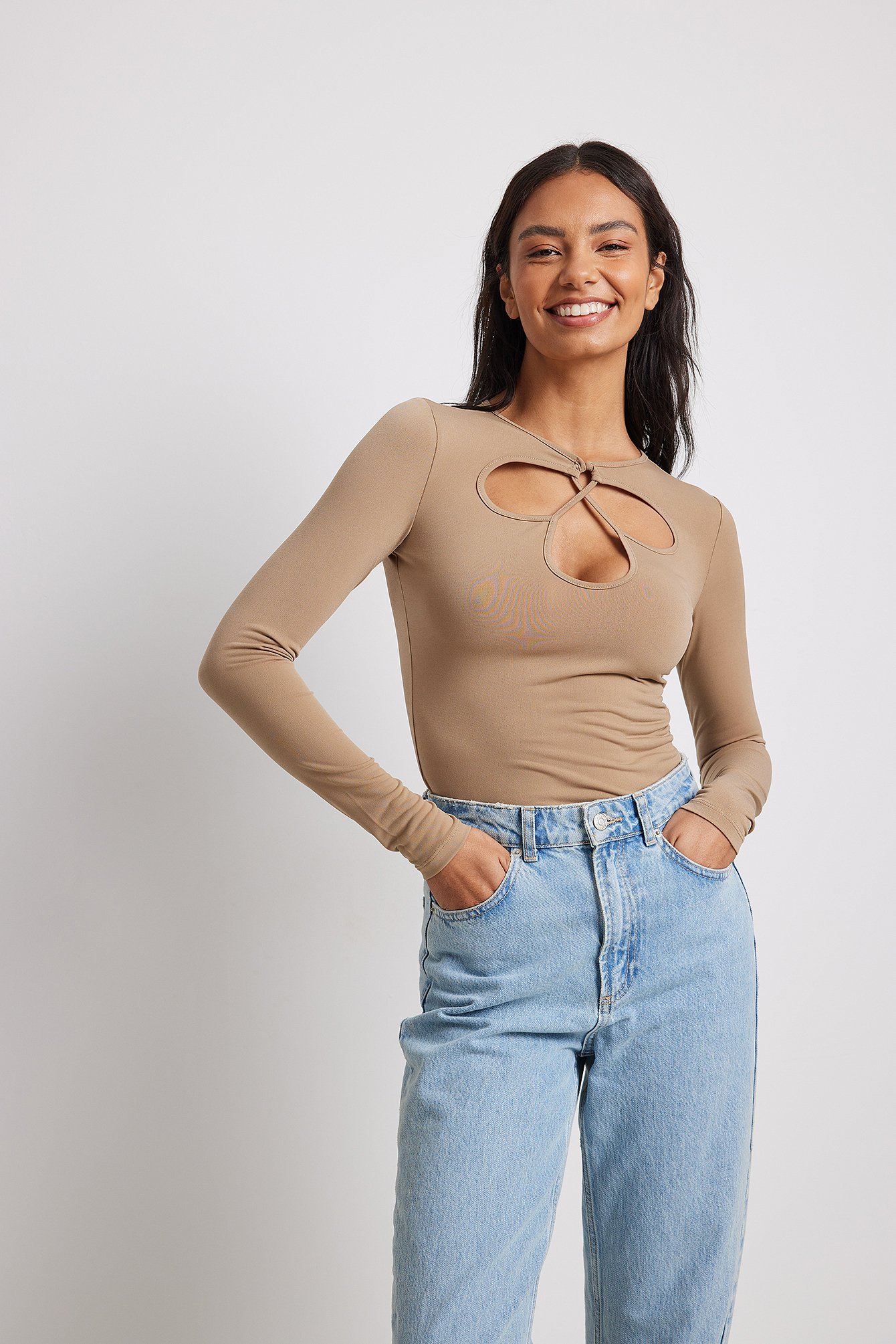 Cut Out Chest Long Sleeve Top Brown