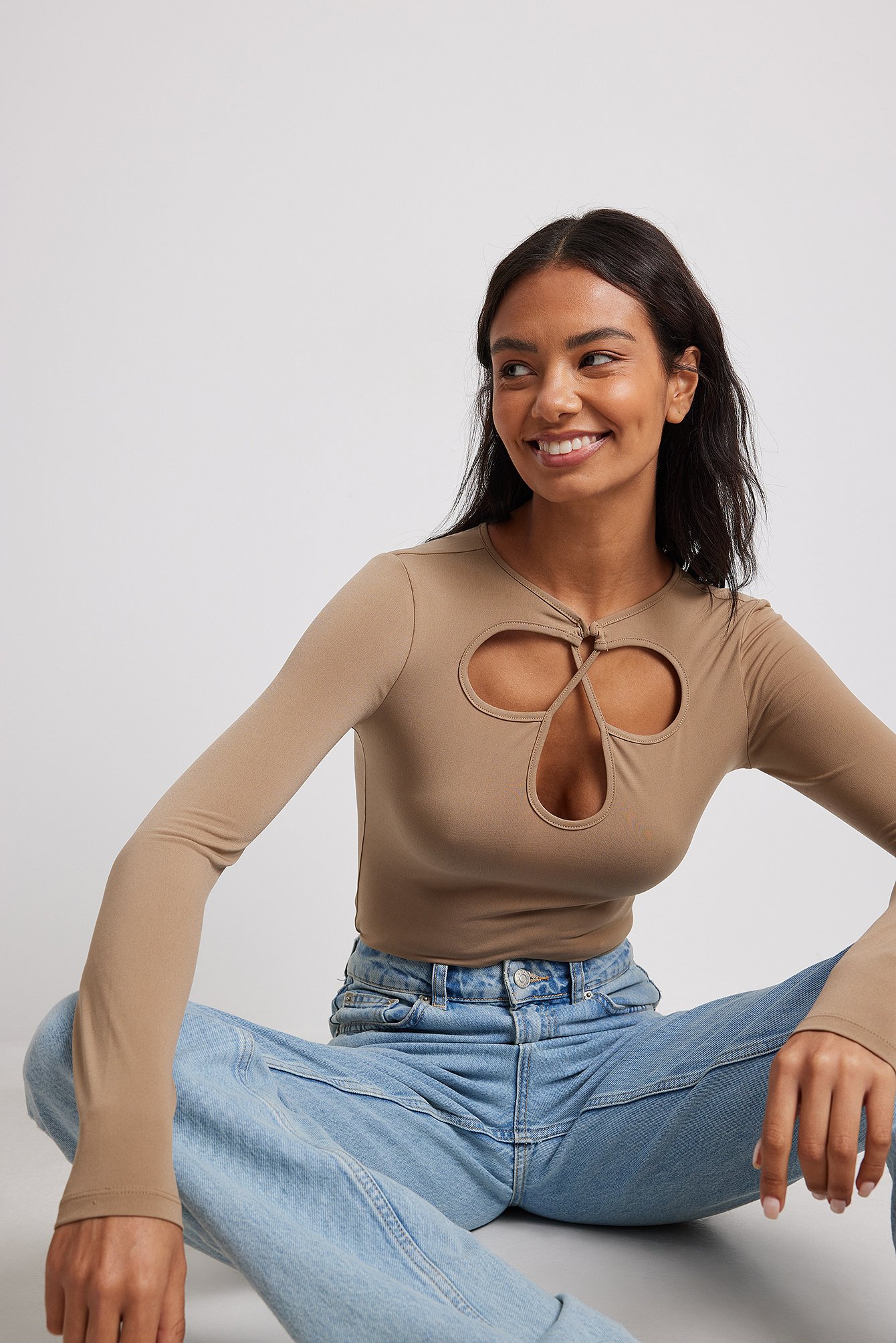 Taupe Cut Out Chest Long Sleeve Top