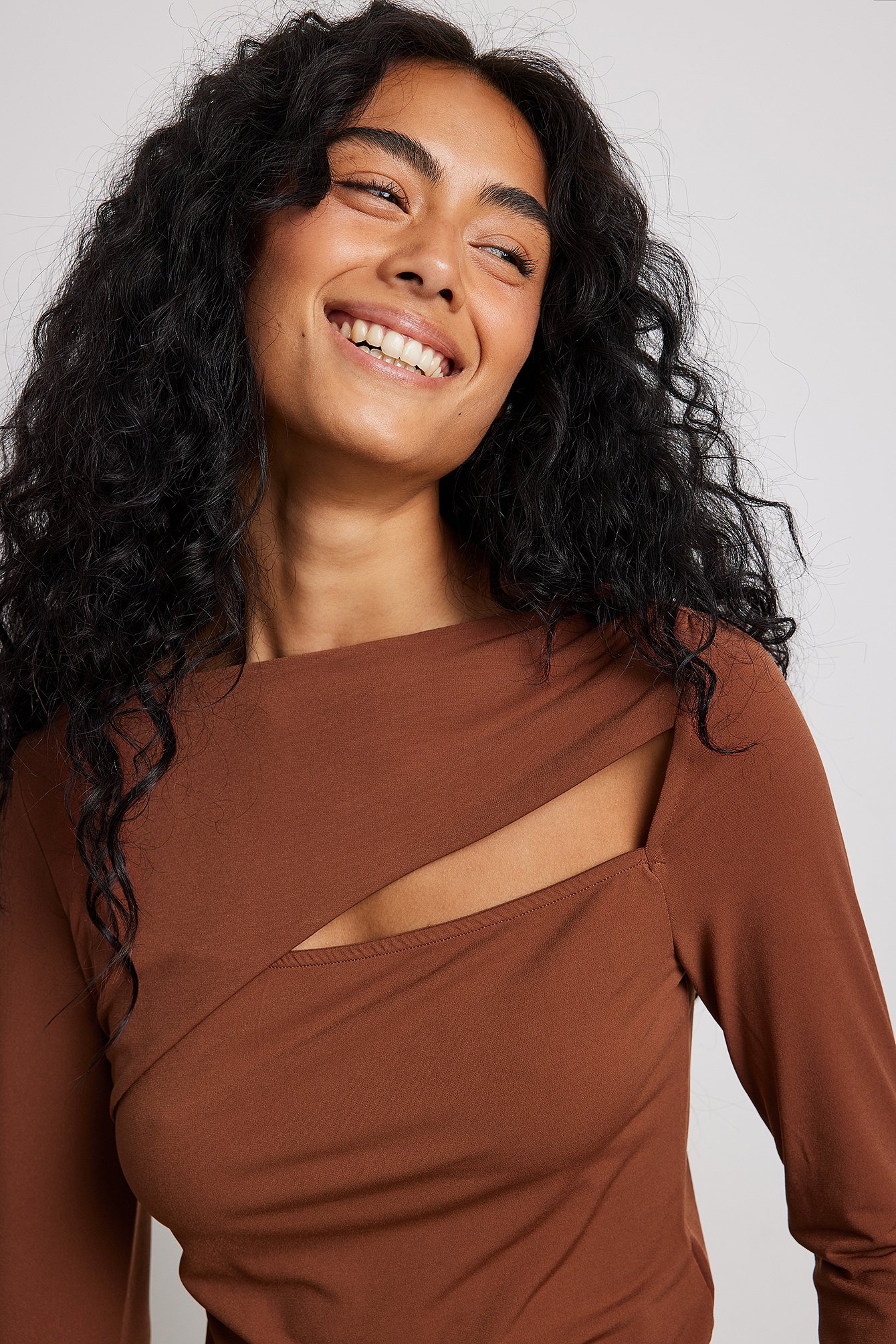 Brown Cut Out Draped Long Sleeve Top