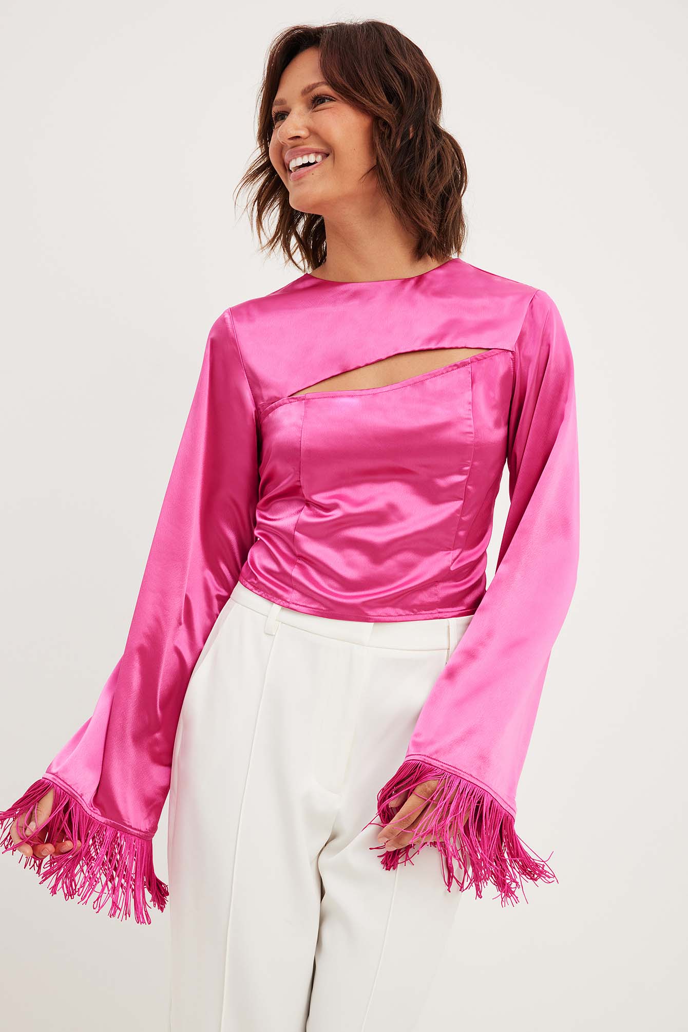 Cut Out Fringe Detail Blouse Pink NAKD