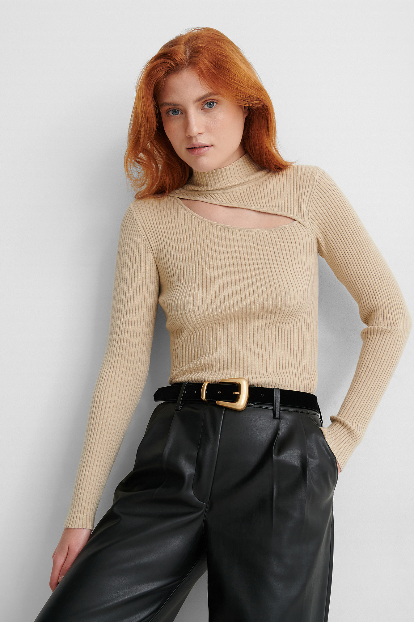 Beige Cut Out Ribbed Knitted Sweater