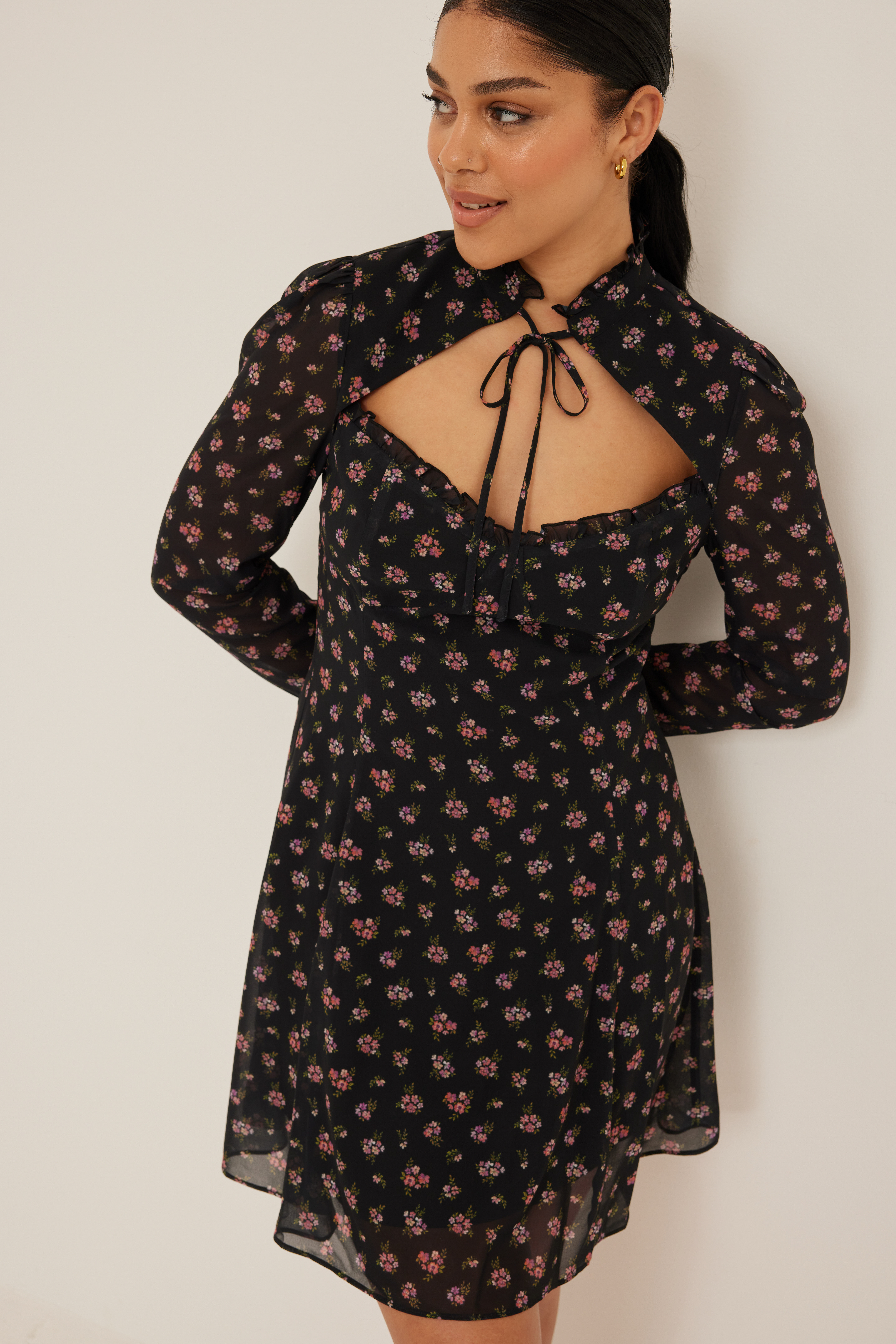 Recycled Cut Out Tie Mini Dress Flower 