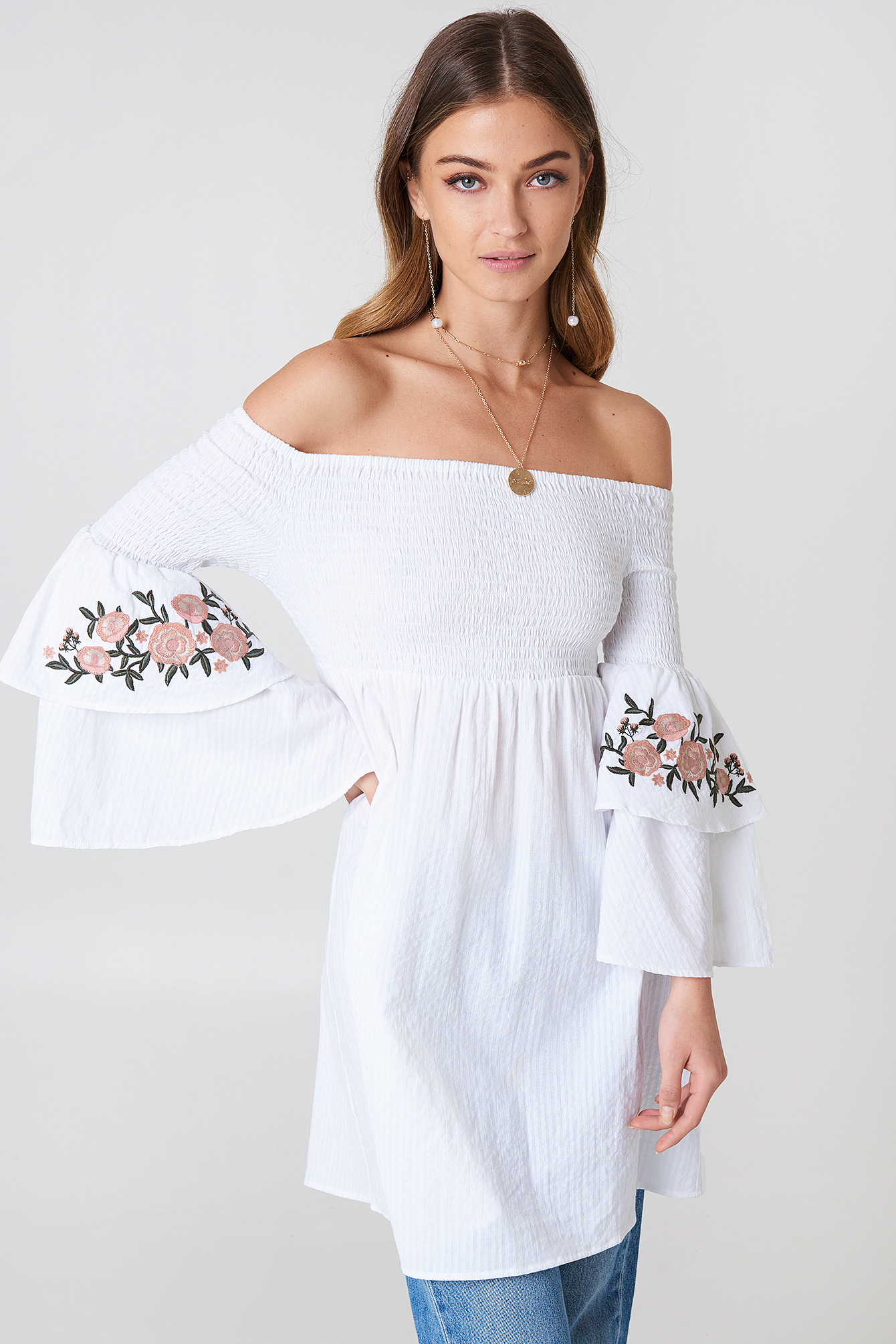 Embroidered Smocked Off Shoulder Tunic White
