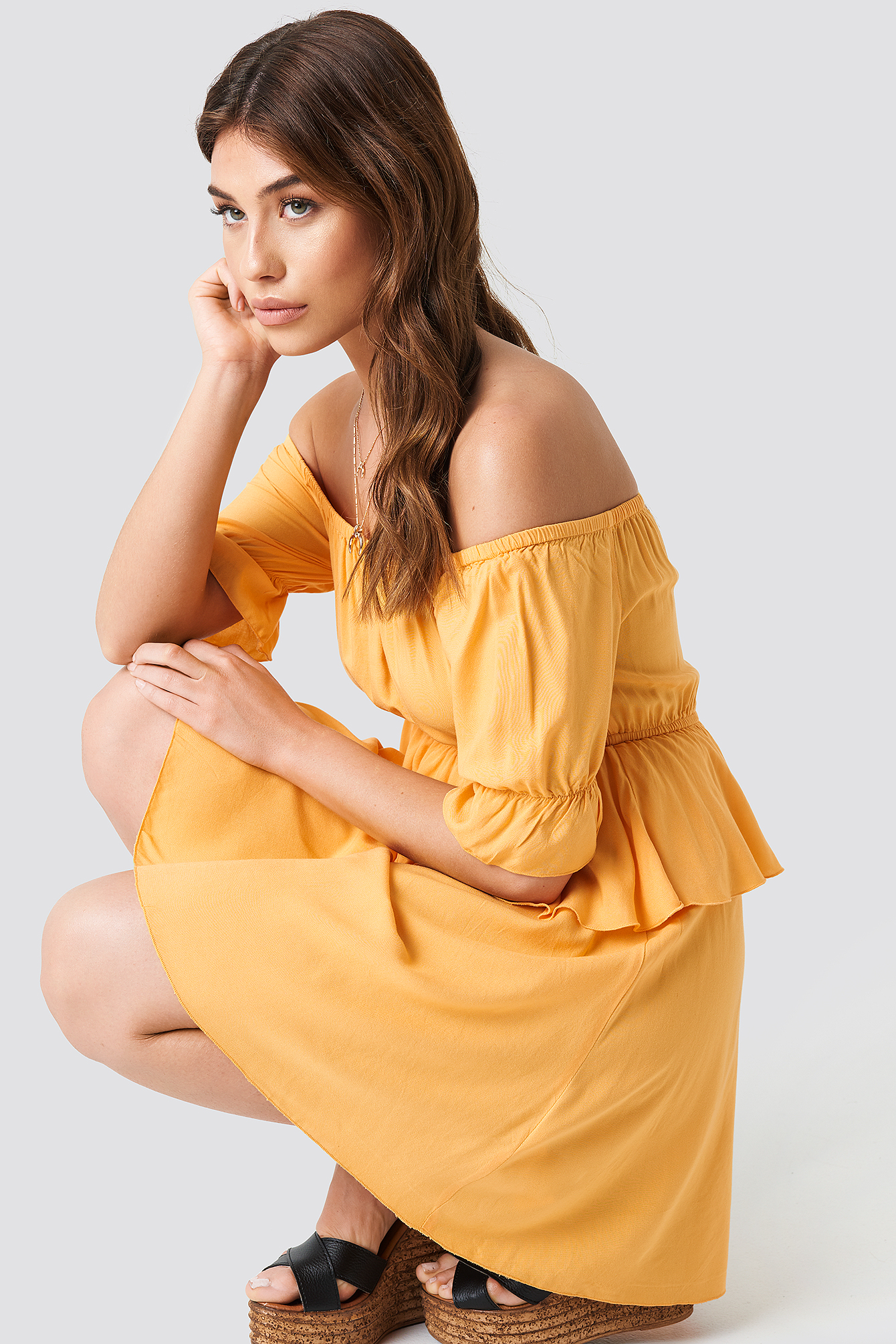 Off Shoulder Frill Short Dress Light Orange