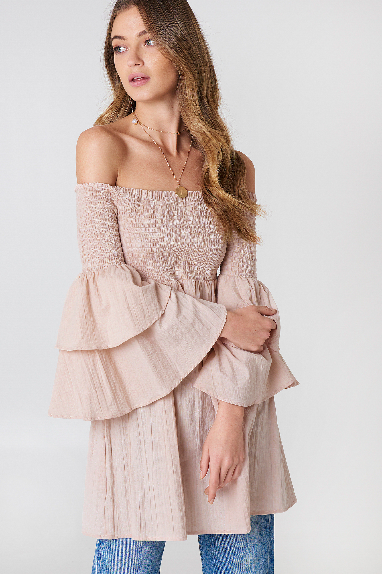 Smocked Off Shoulder Tunic Pink