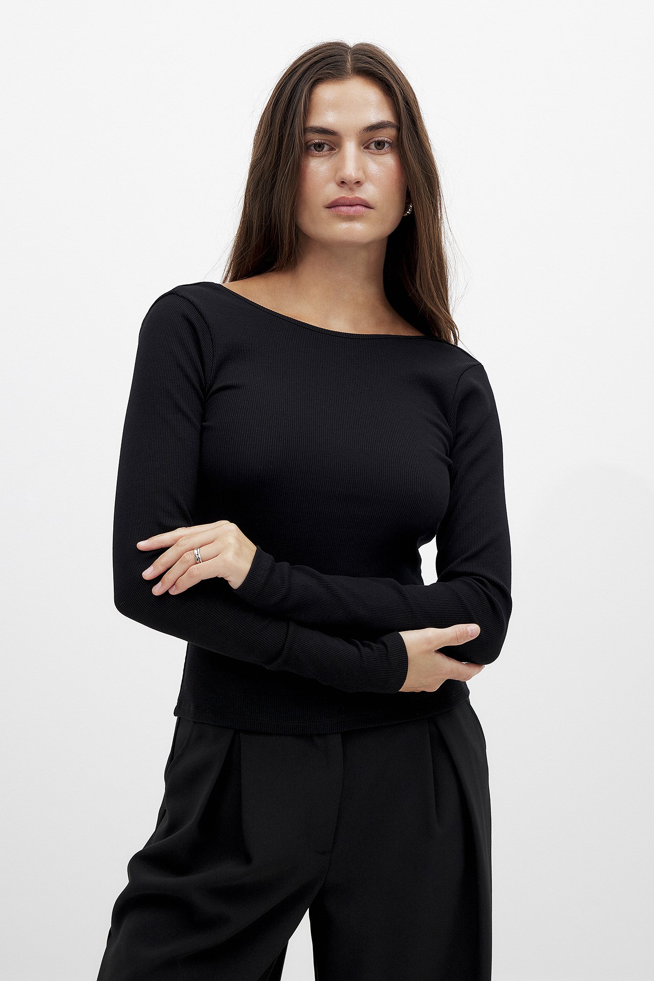 NA-KD Deep Back Long Sleeve Rib Top - Open Back Tops - Black - XL (EU 46) - NA-KD / NAKD