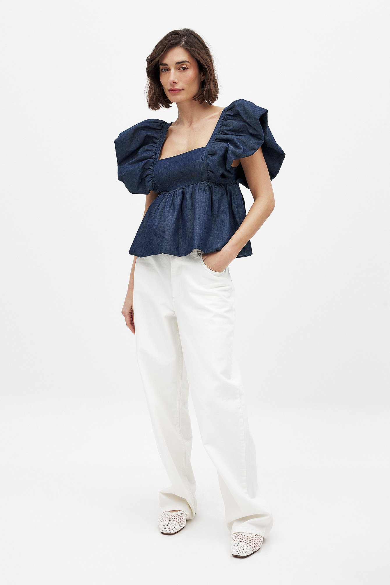 Handpicked x NA-KD Denim Flounce Top - Denim - Blue - EU 32 - NA-KD / NAKD