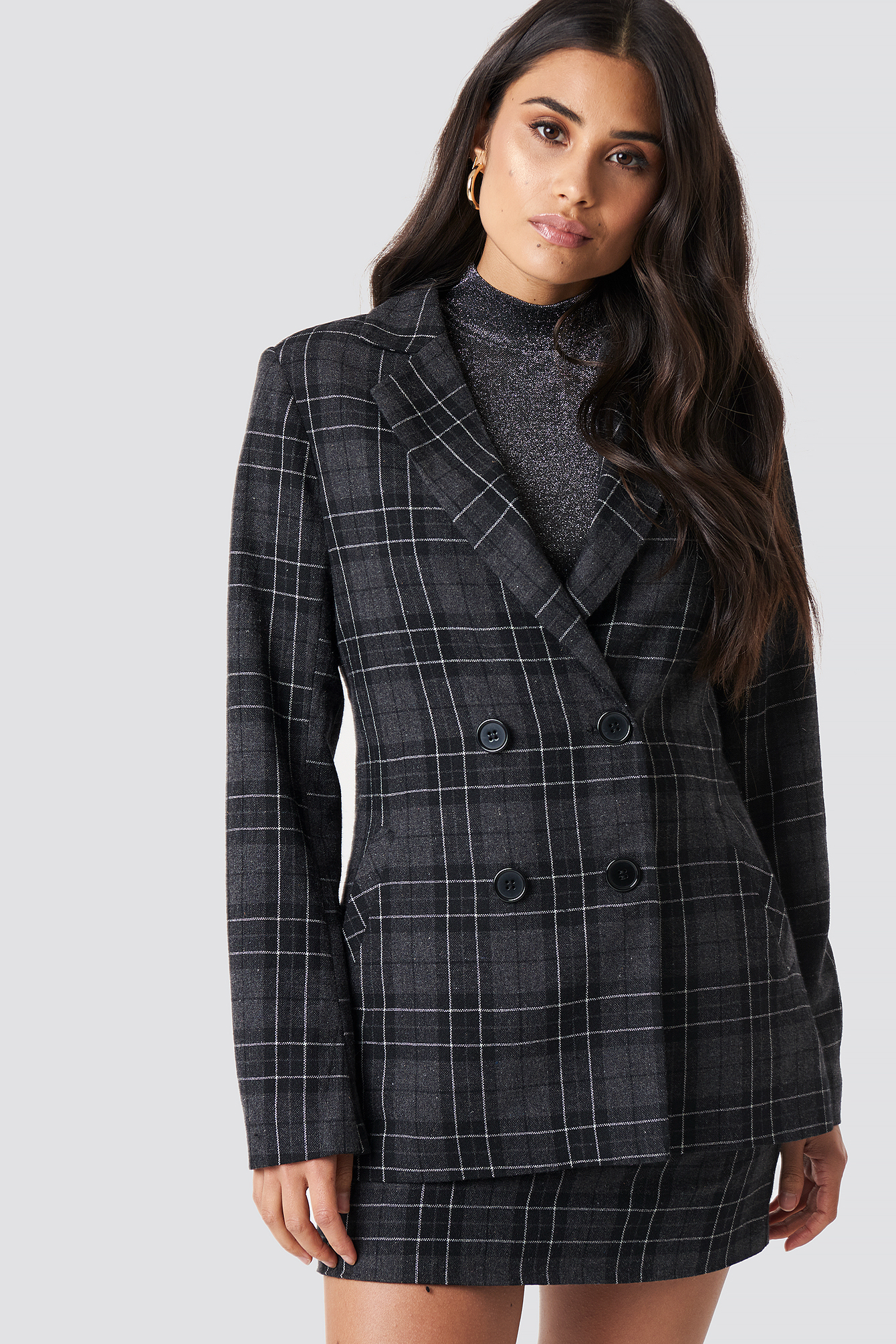Double Button Checked Blazer Grey Check