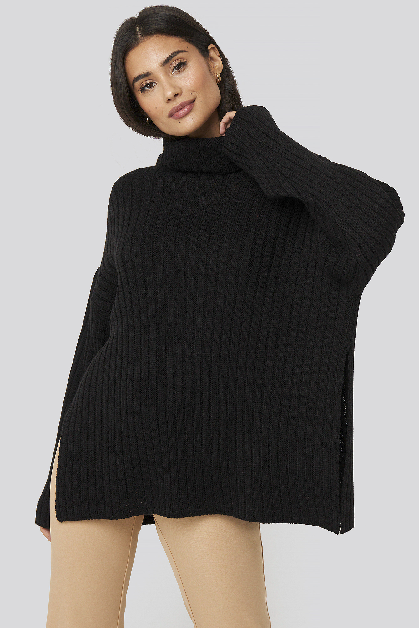 Side Slit Oversized Knitted Sweater Black | na-kd.com