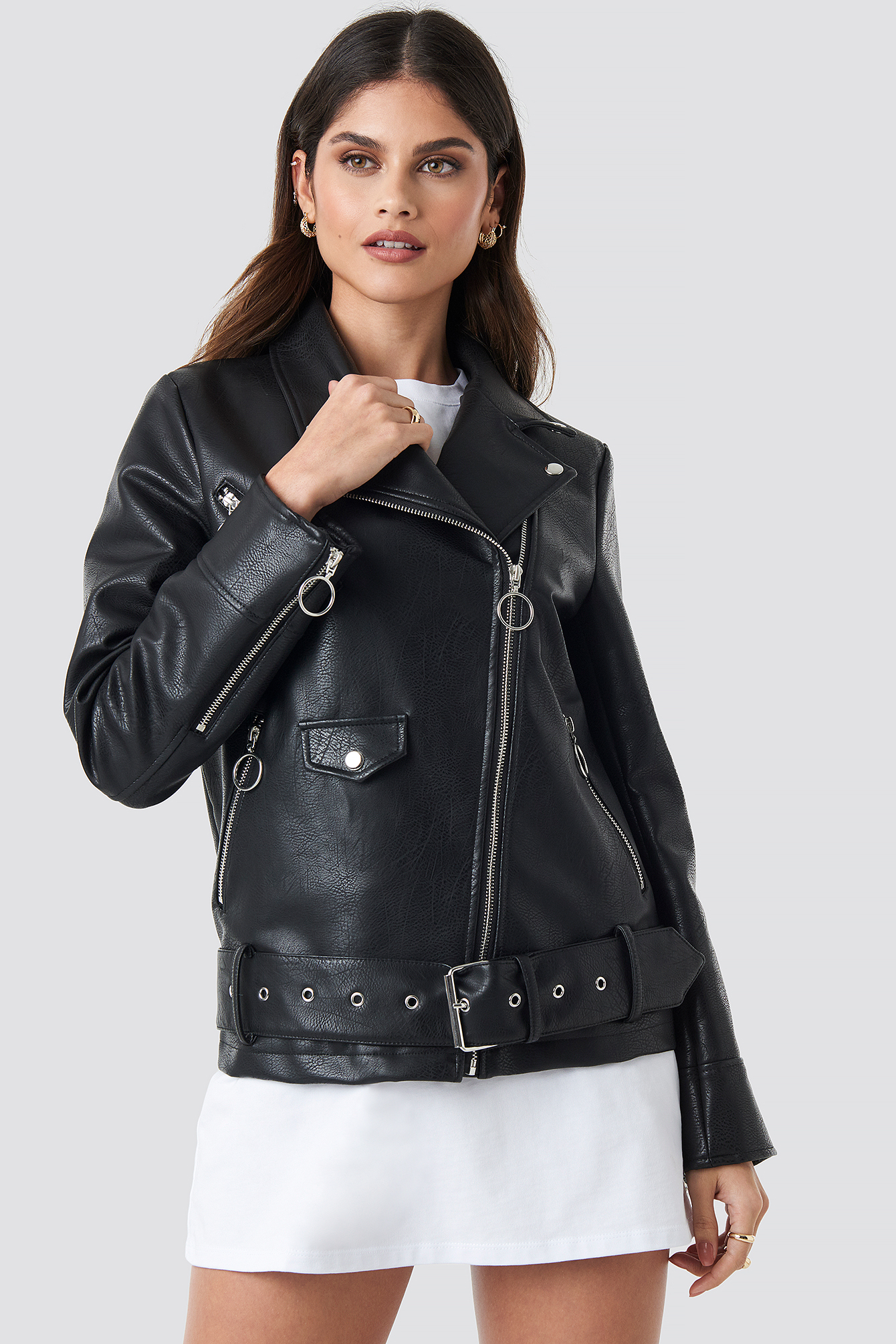 Black Oversized Faux Leather Biker Jacket