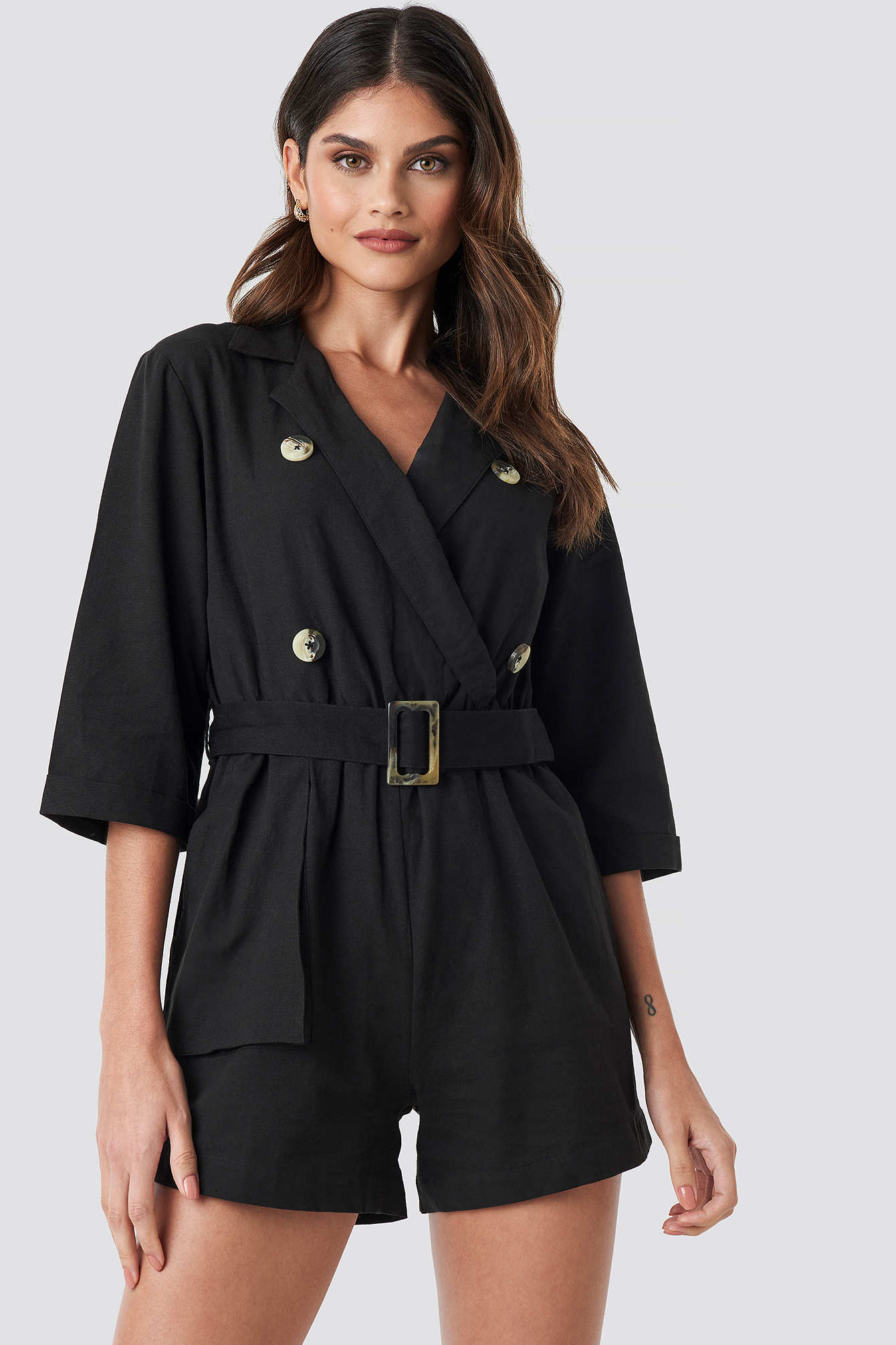 Front Button Linen Look Playsuit Sort