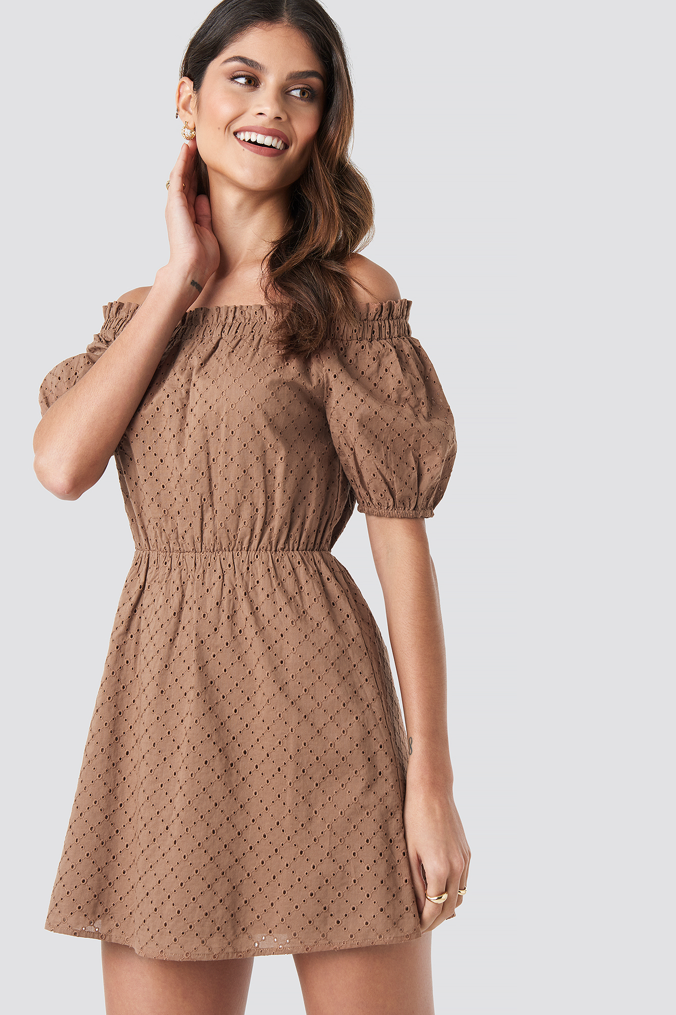 Off Shoulder Puffy Sleeve Dress Brown