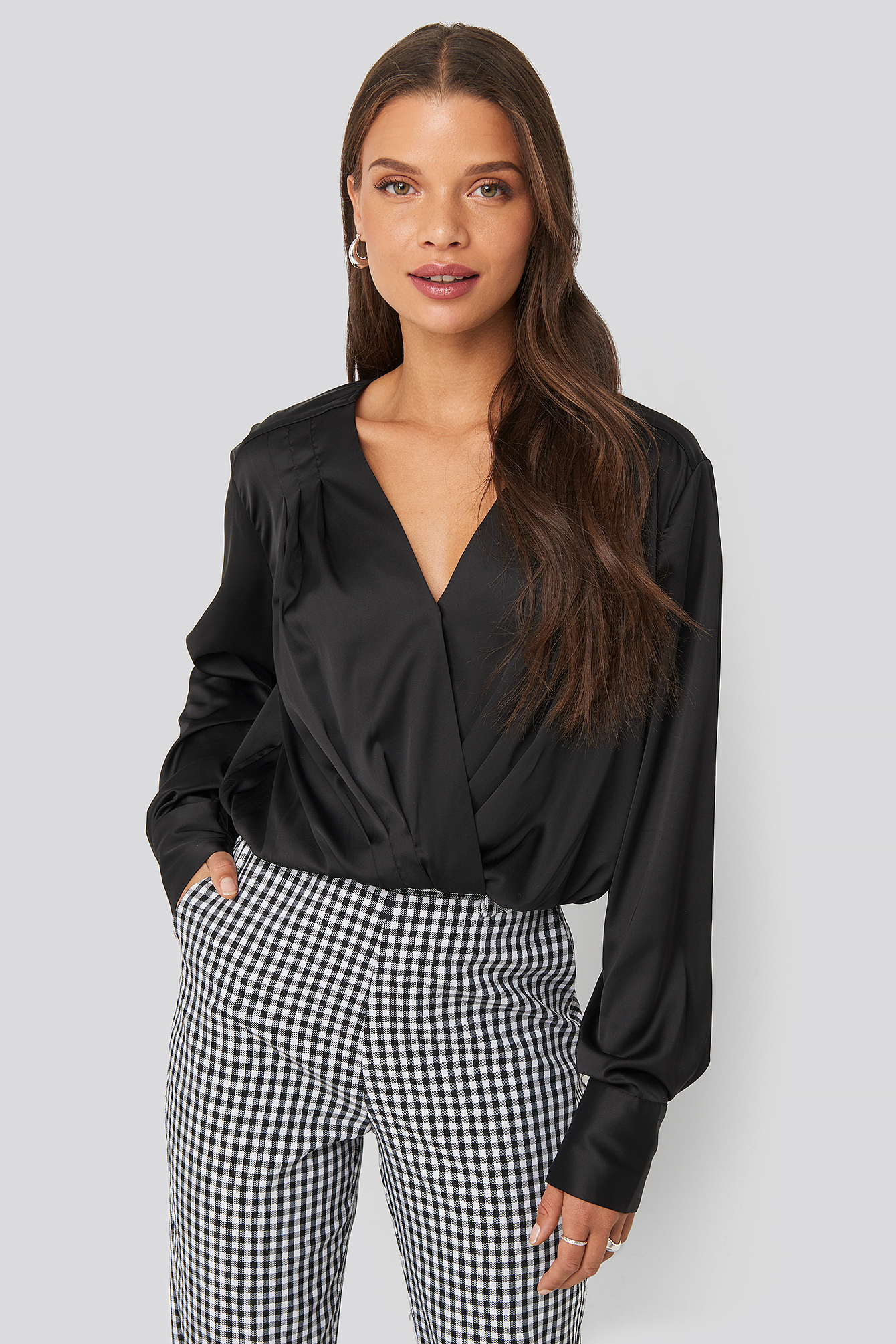 Overlap Gathered Satin Blouse Black