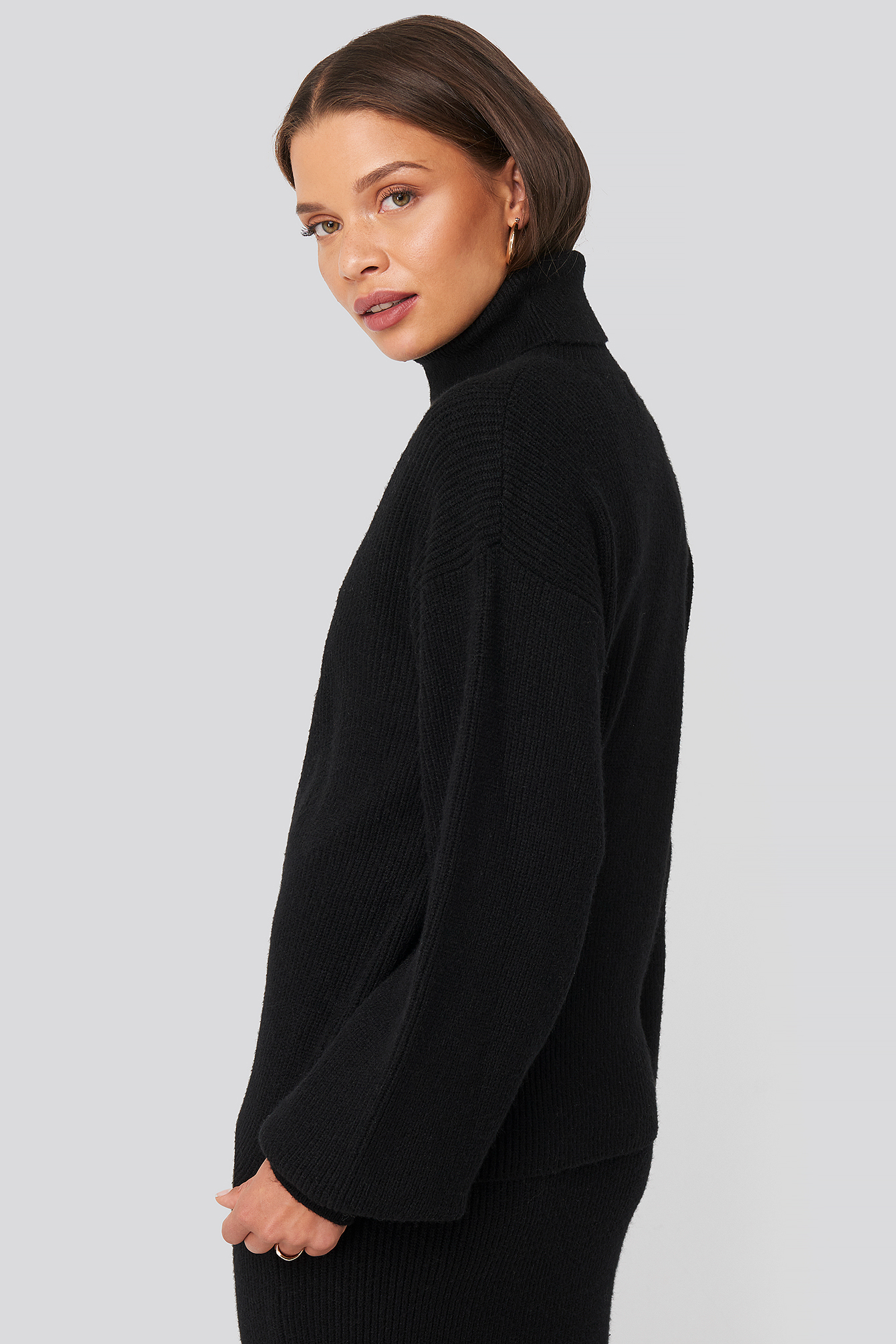 Polo Neck Ribbed Knit Sweater Black