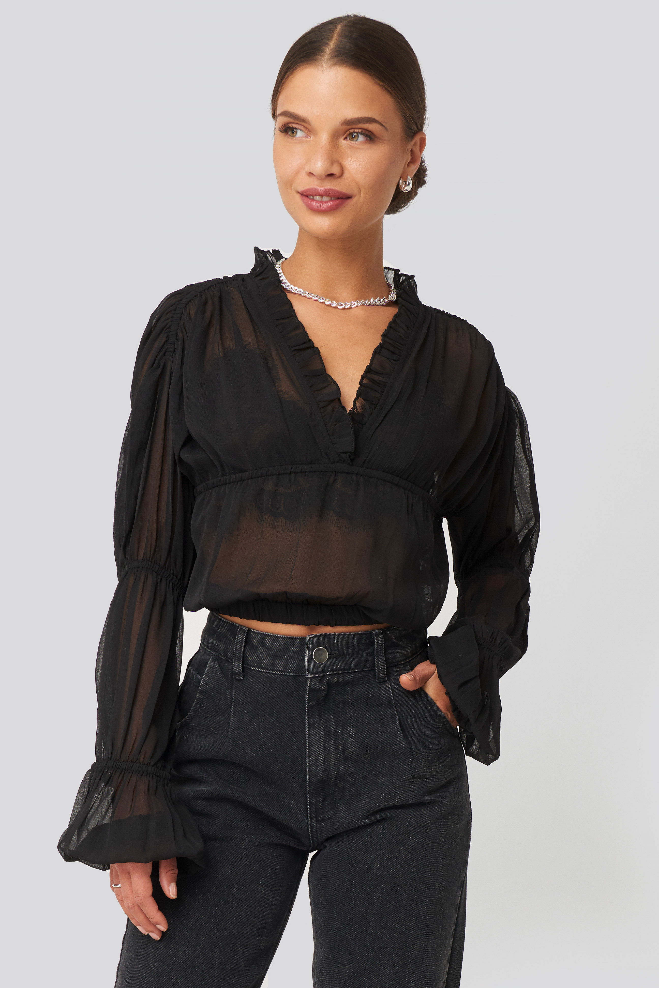 Puffy Sleeve Cropped Chiffon Blouse Black