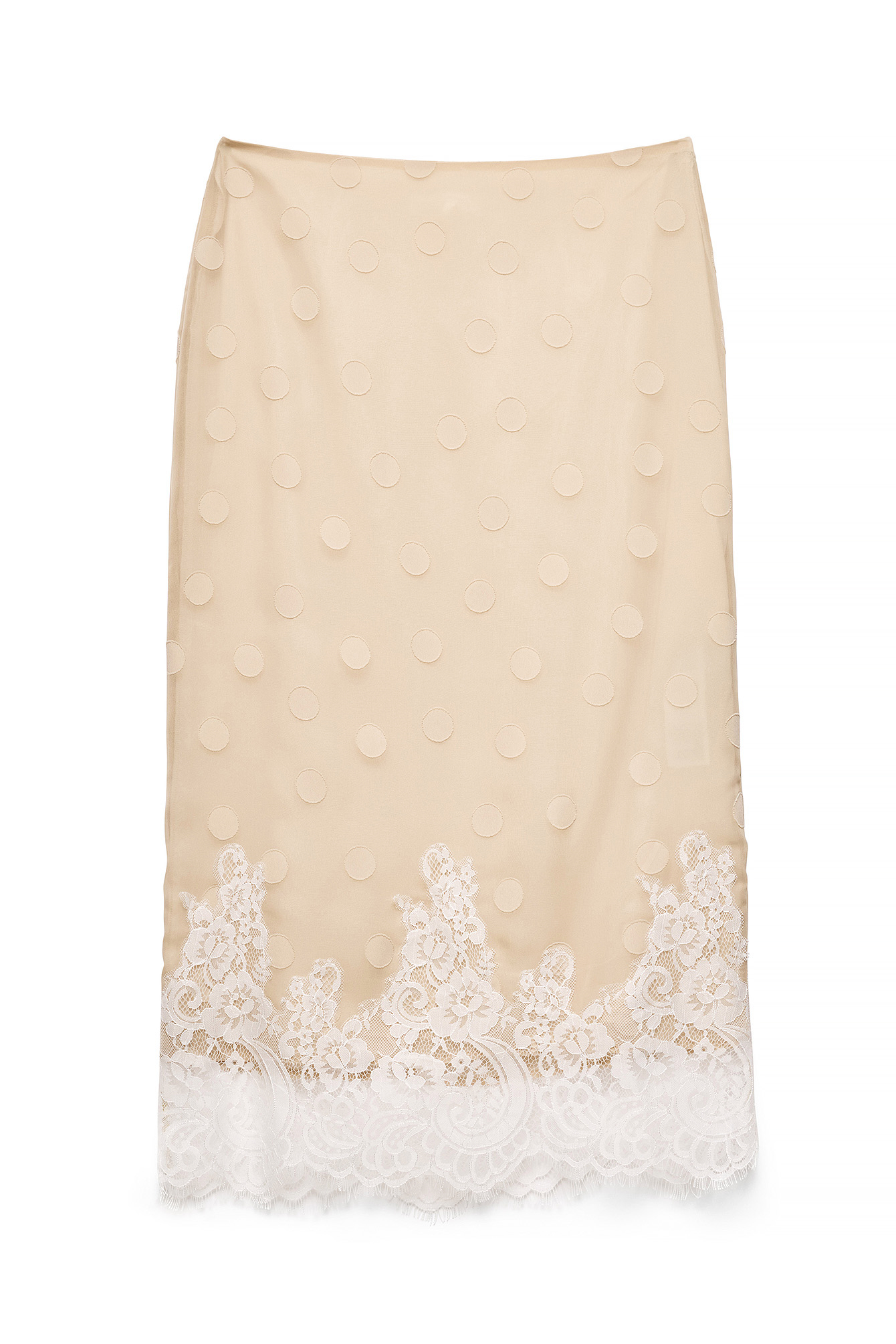 Light Beige Dotted Lace Detail Midi Skirt