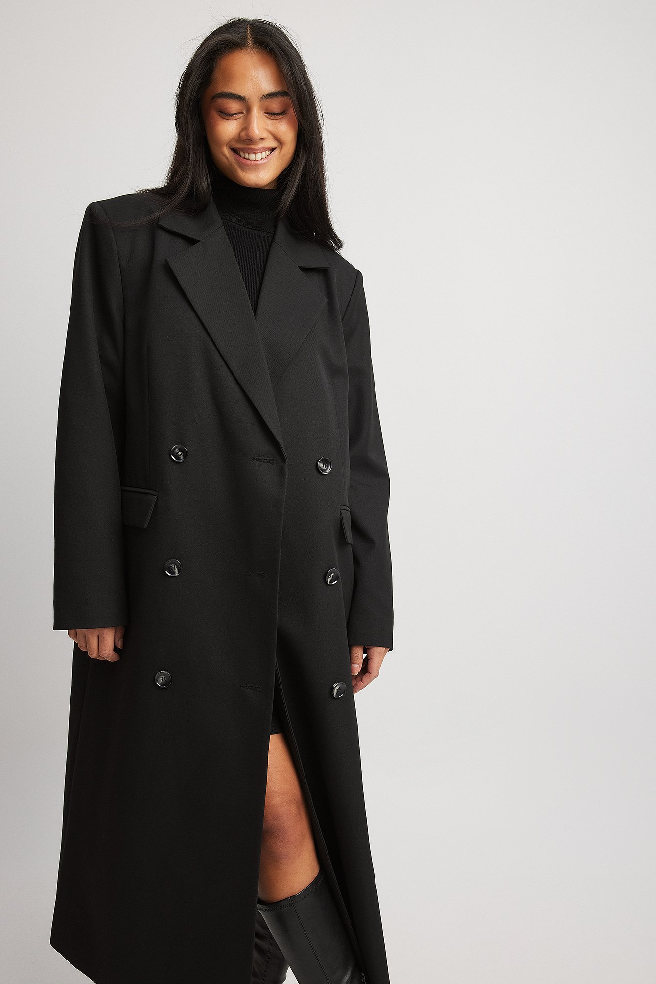 Trench Coat Schwarzer Kurzer Mantel Zweireihiger Trenchcoat