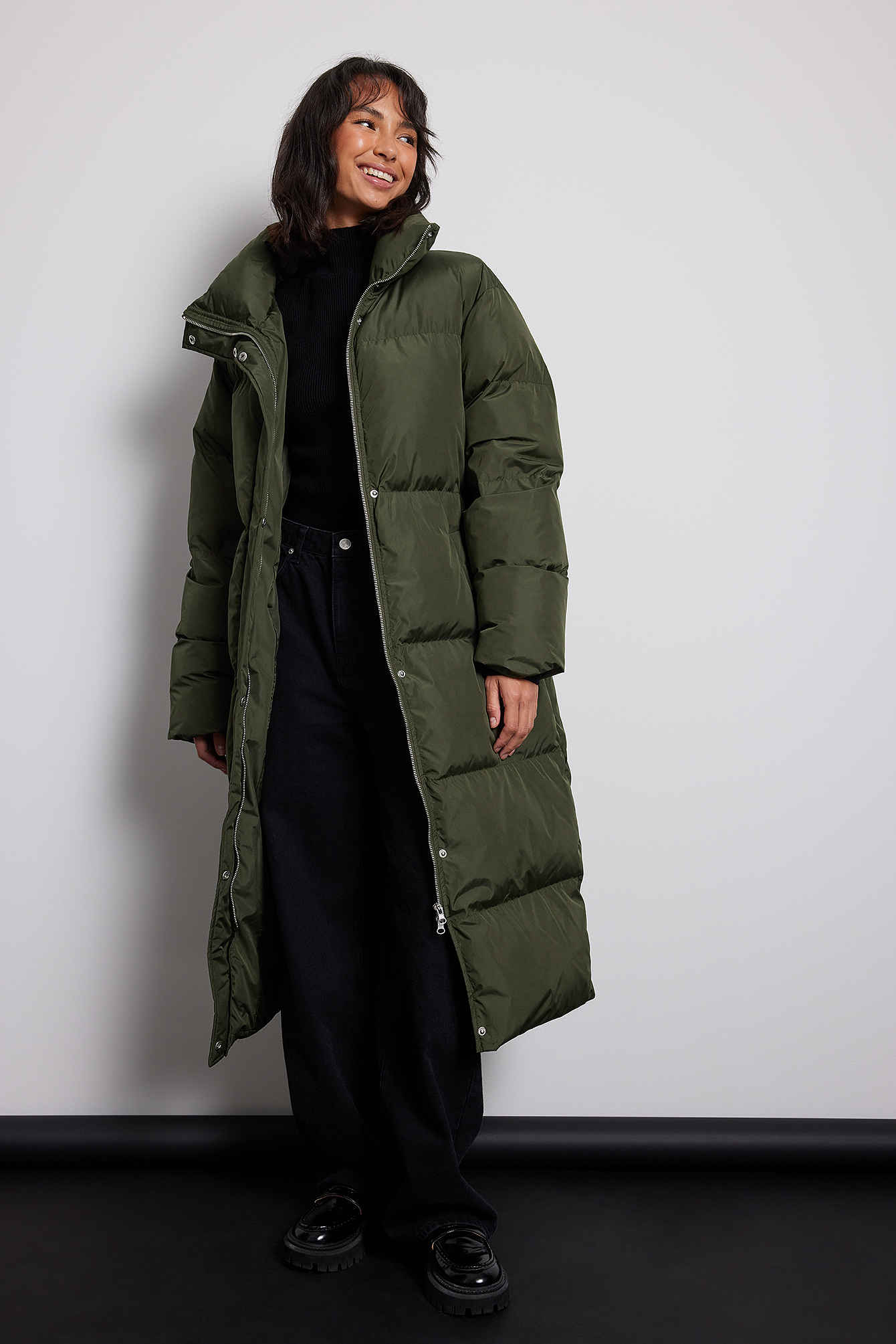 Green Down Blend Padded Belted Long Jacket