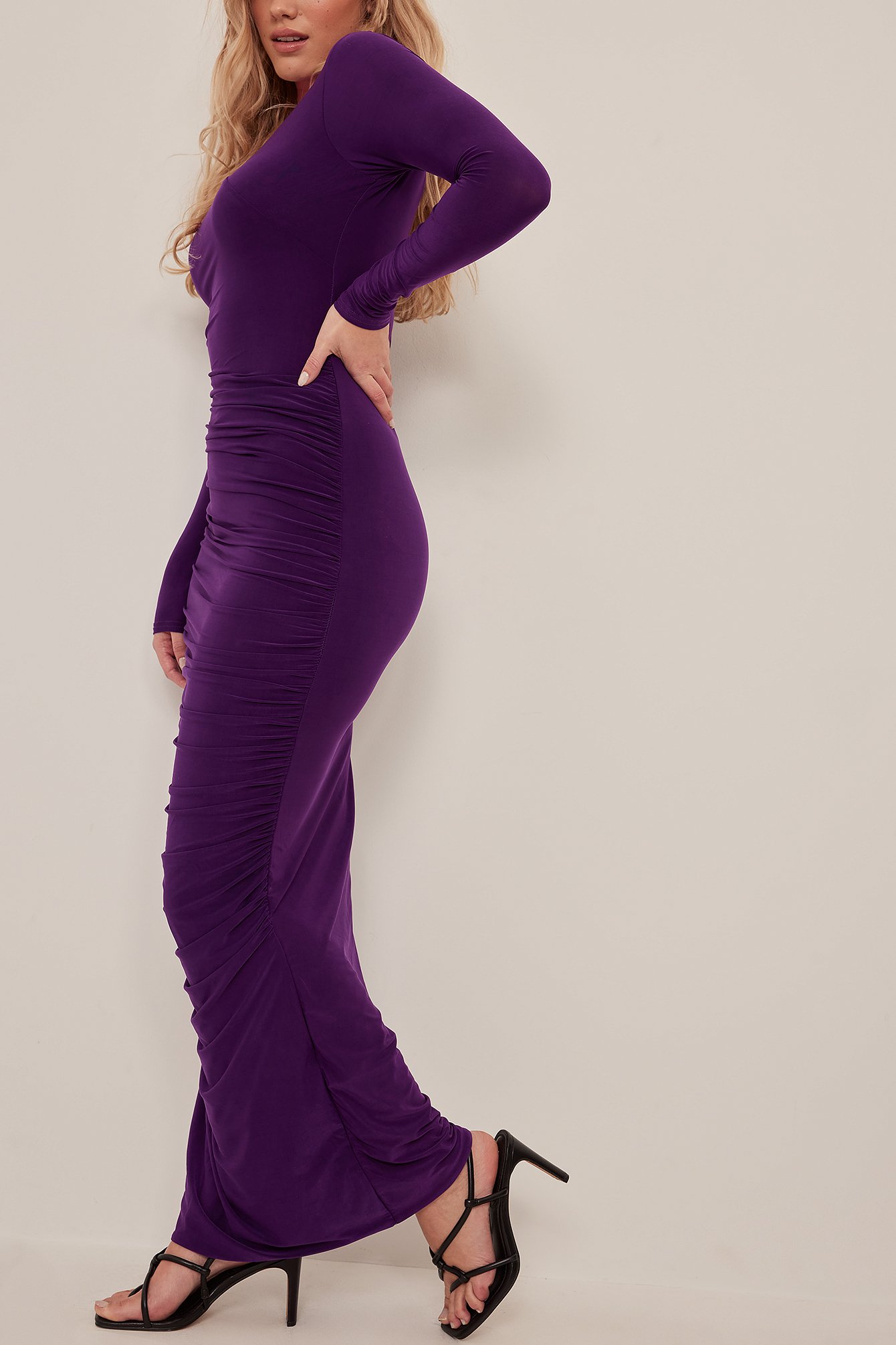 Purple Draped Long Sleeve Maxi Dress