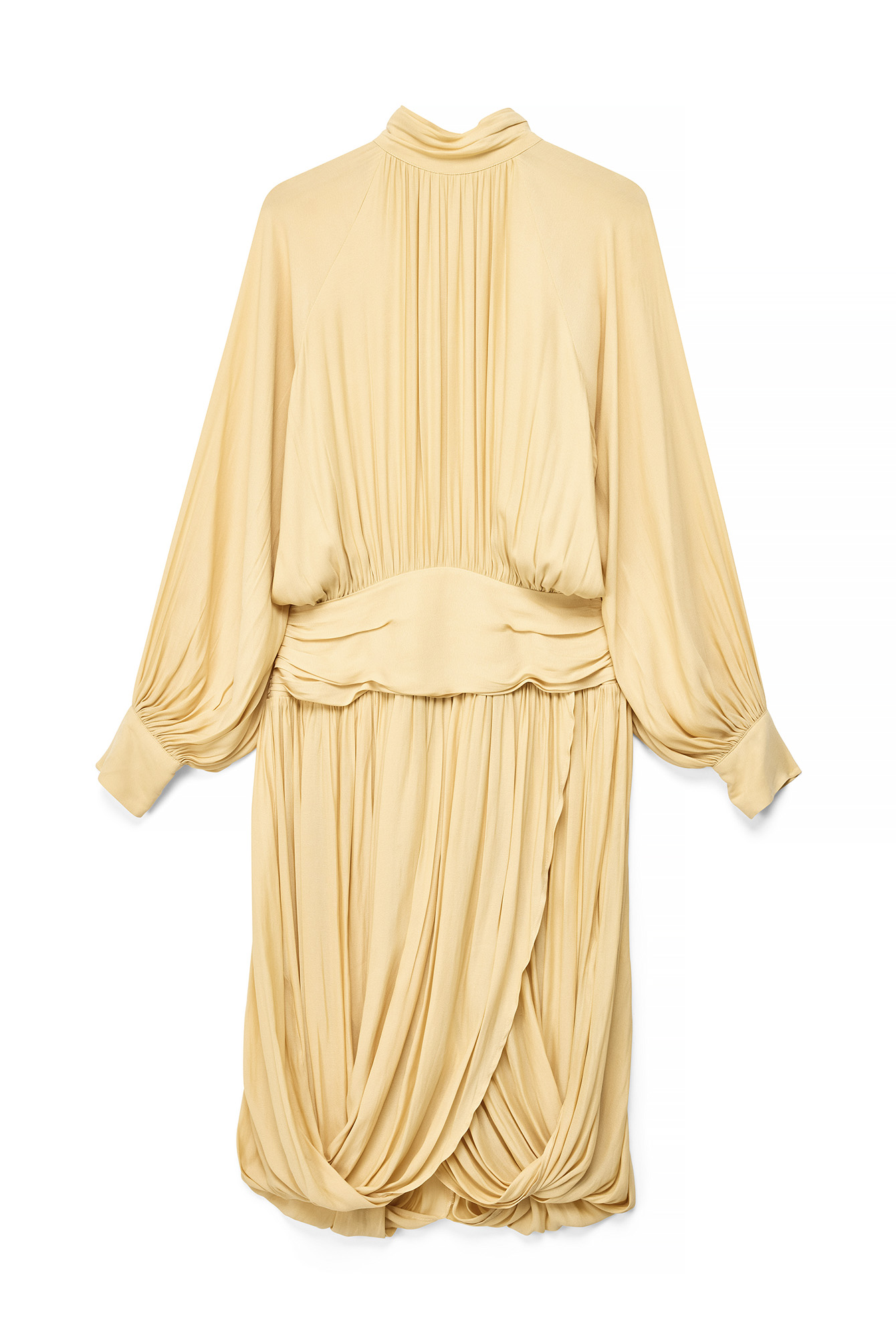 Light Yellow Draped Long Sleeve Open Back Midi Dress