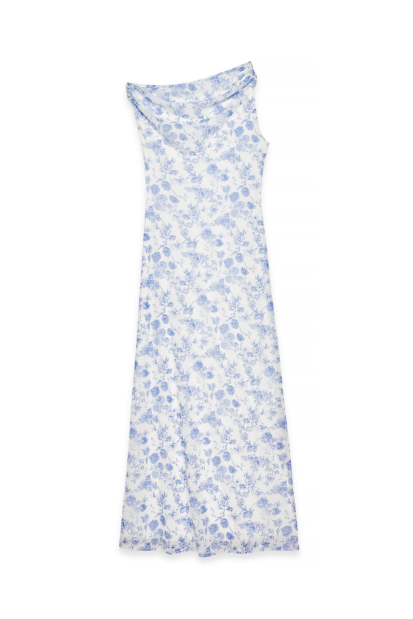 Blue Floral Bunches Draped Maxi Mesh Dress