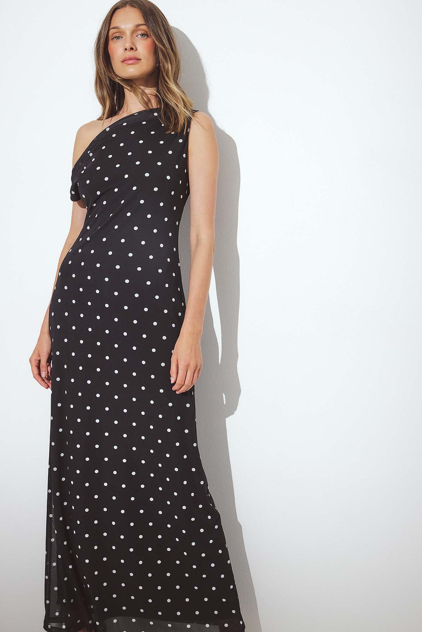 black high neck asymmetric embroidered trim maxi dress Asymmetric Neckline Ruched Cut Out Maxi Dress in Black