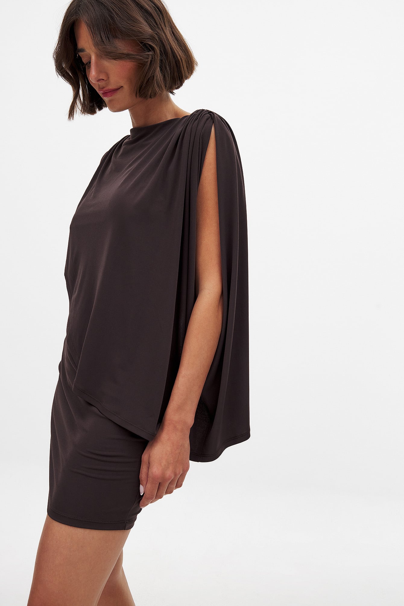 Draped Mini Cape Dress - Draped Dresses - Brown - M Draped Mini Cape Dress - Draped Dresses - Brown - M