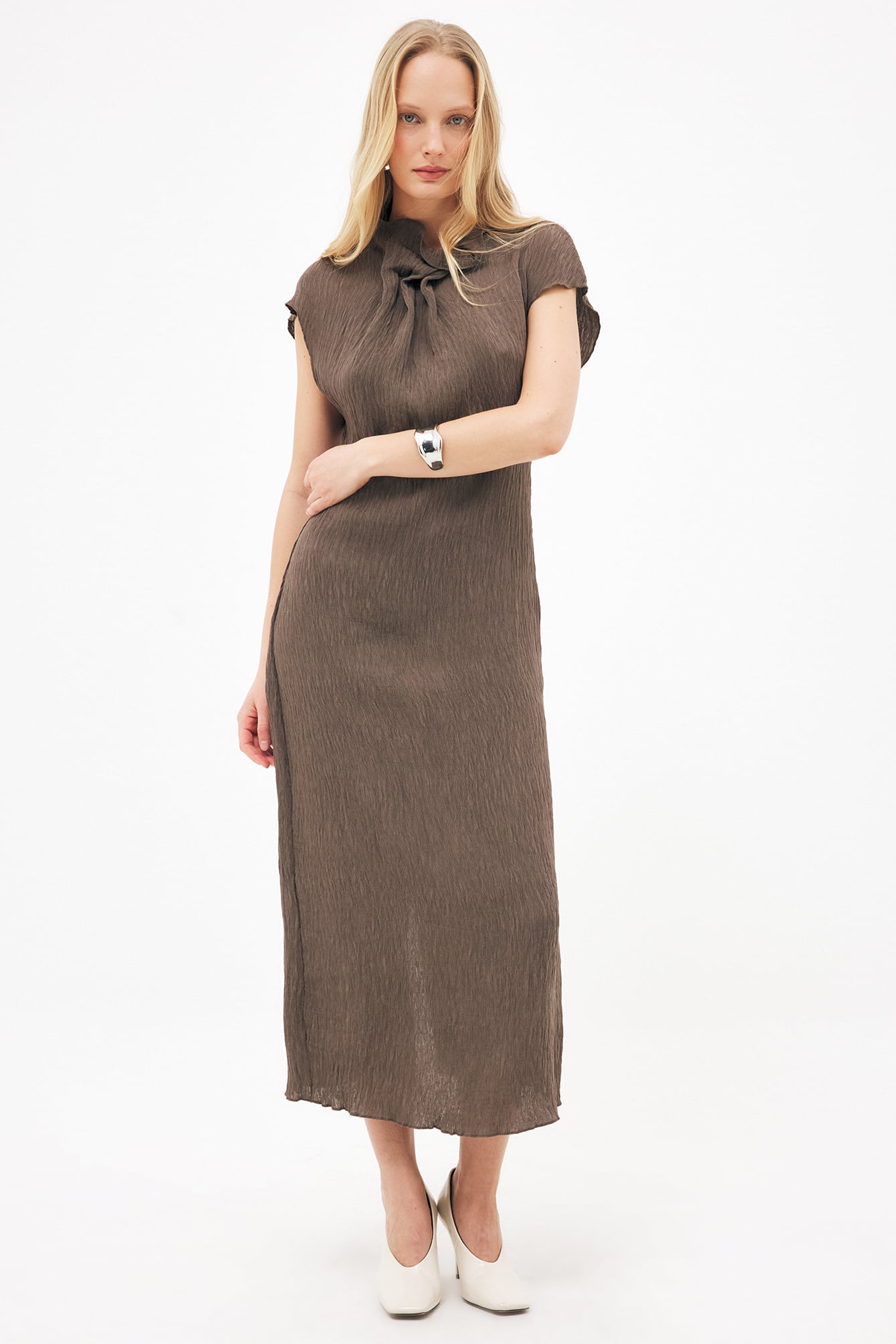 Draped Neckline Short Sleeve Midi Dress Brown | NA-KD Draped Neckline Short Sleeve Midi Dress Brown | NA-KD