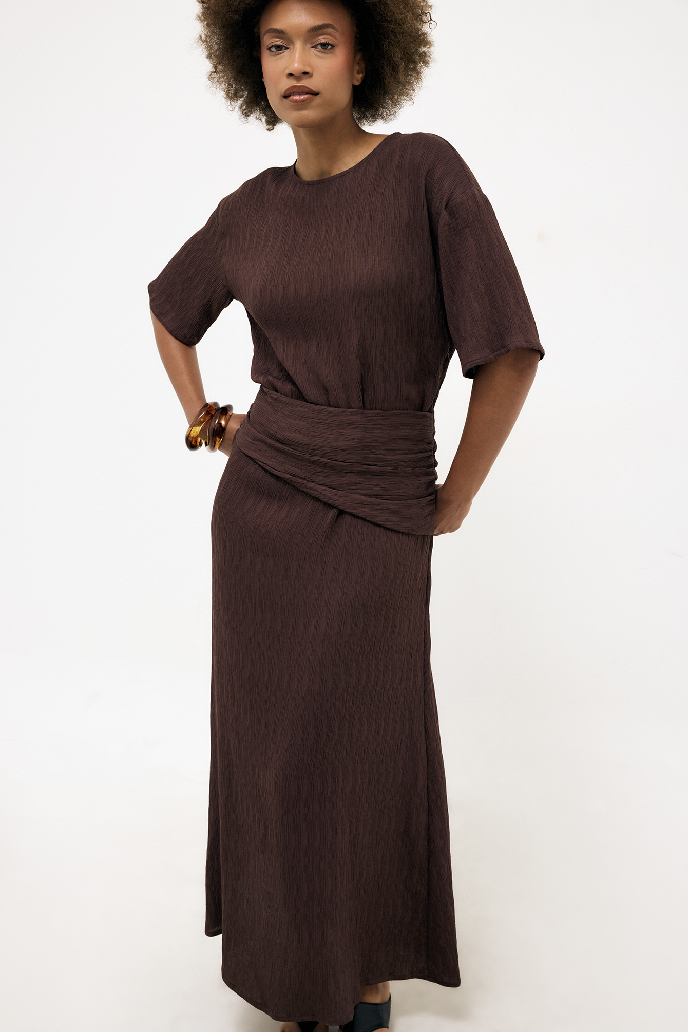 Brown Draped Short Sleeve Maxi Dress