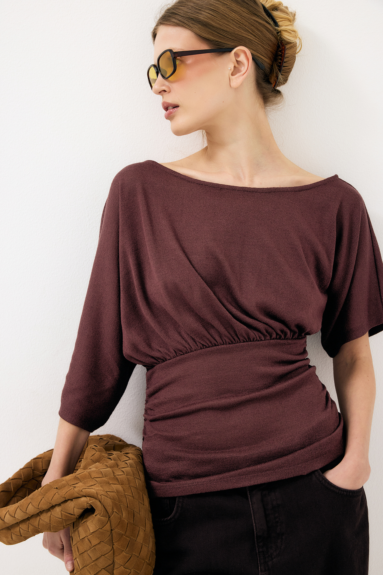 トップス Venica Twist drape tops brown Draped Waist Focus Top Brown | NA-KD