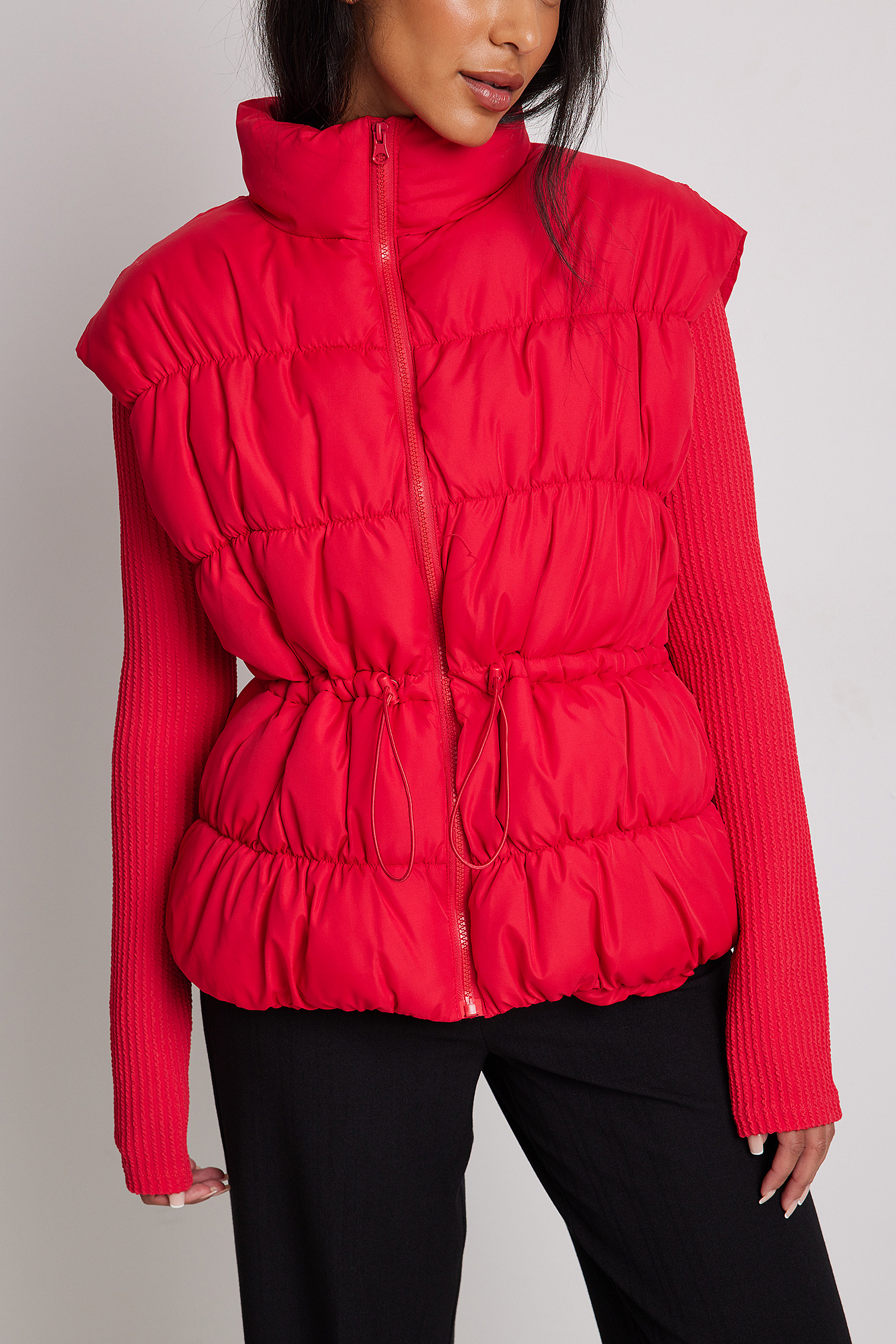 Drawstring Waist Puffer Vest Red