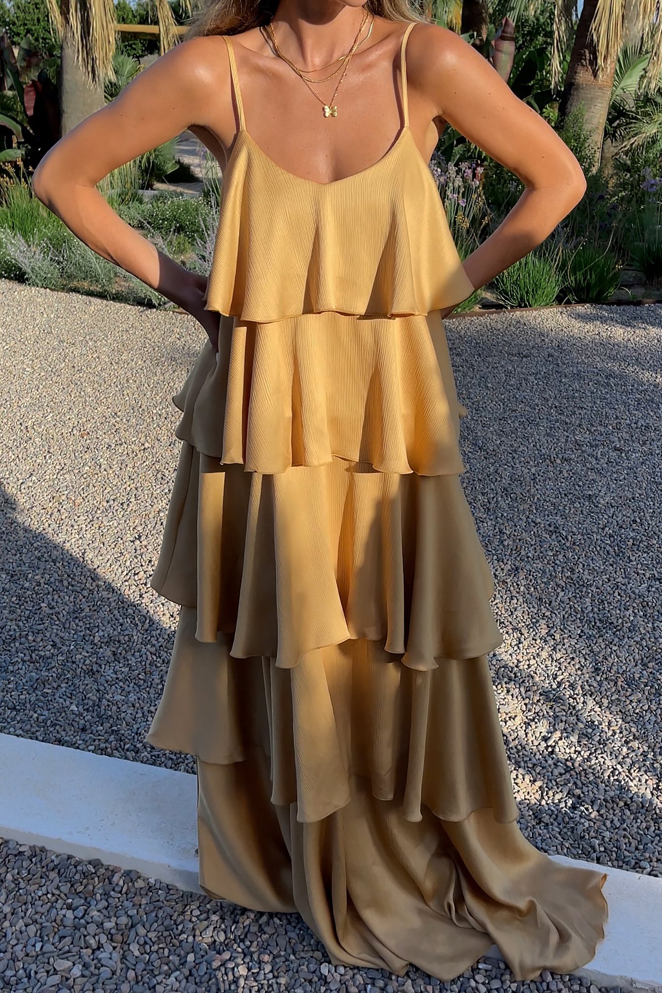 Pale Gold Maxi-jurk met ruches en volume