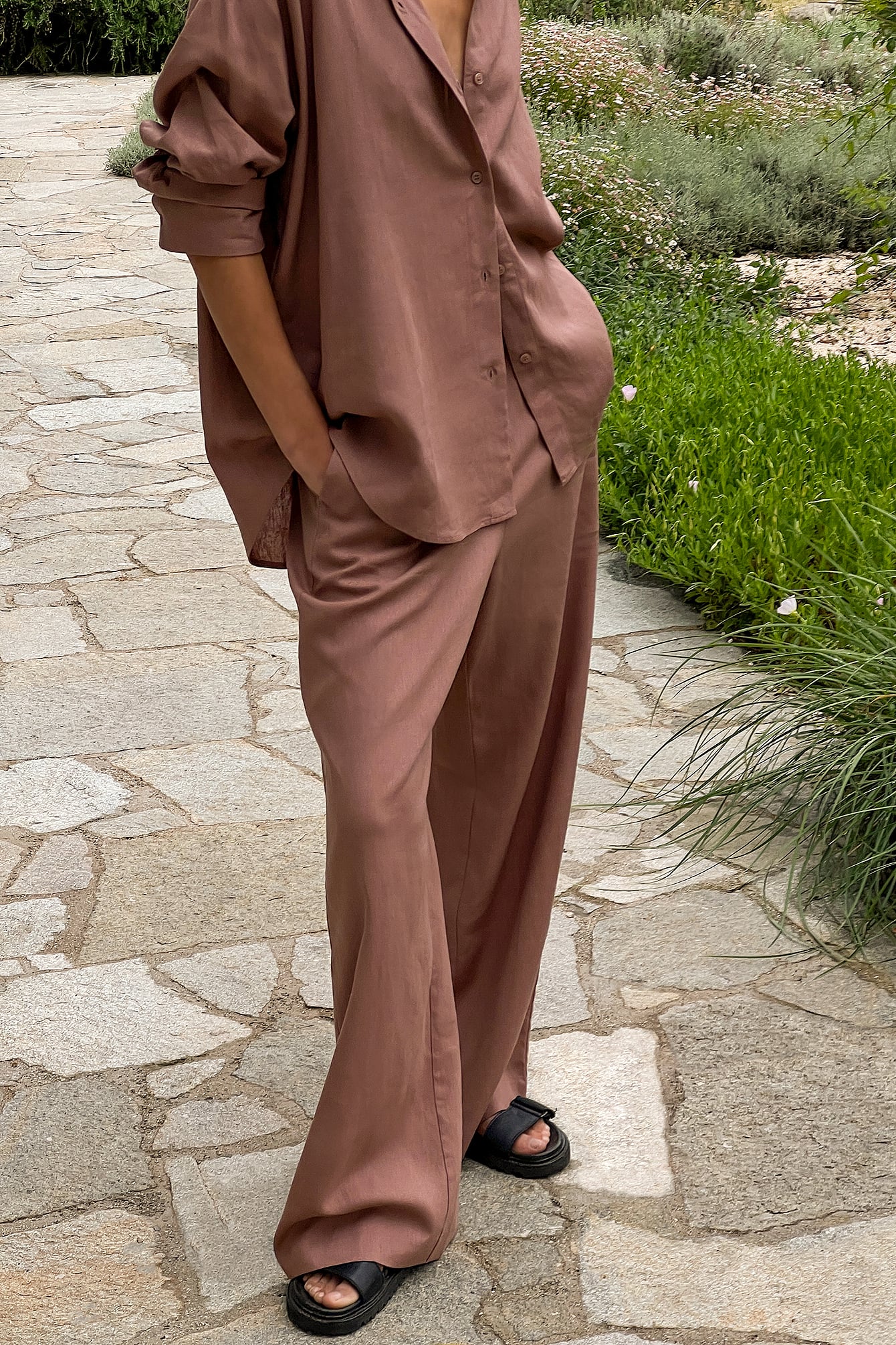 Linen Blend Mid Waist Pants