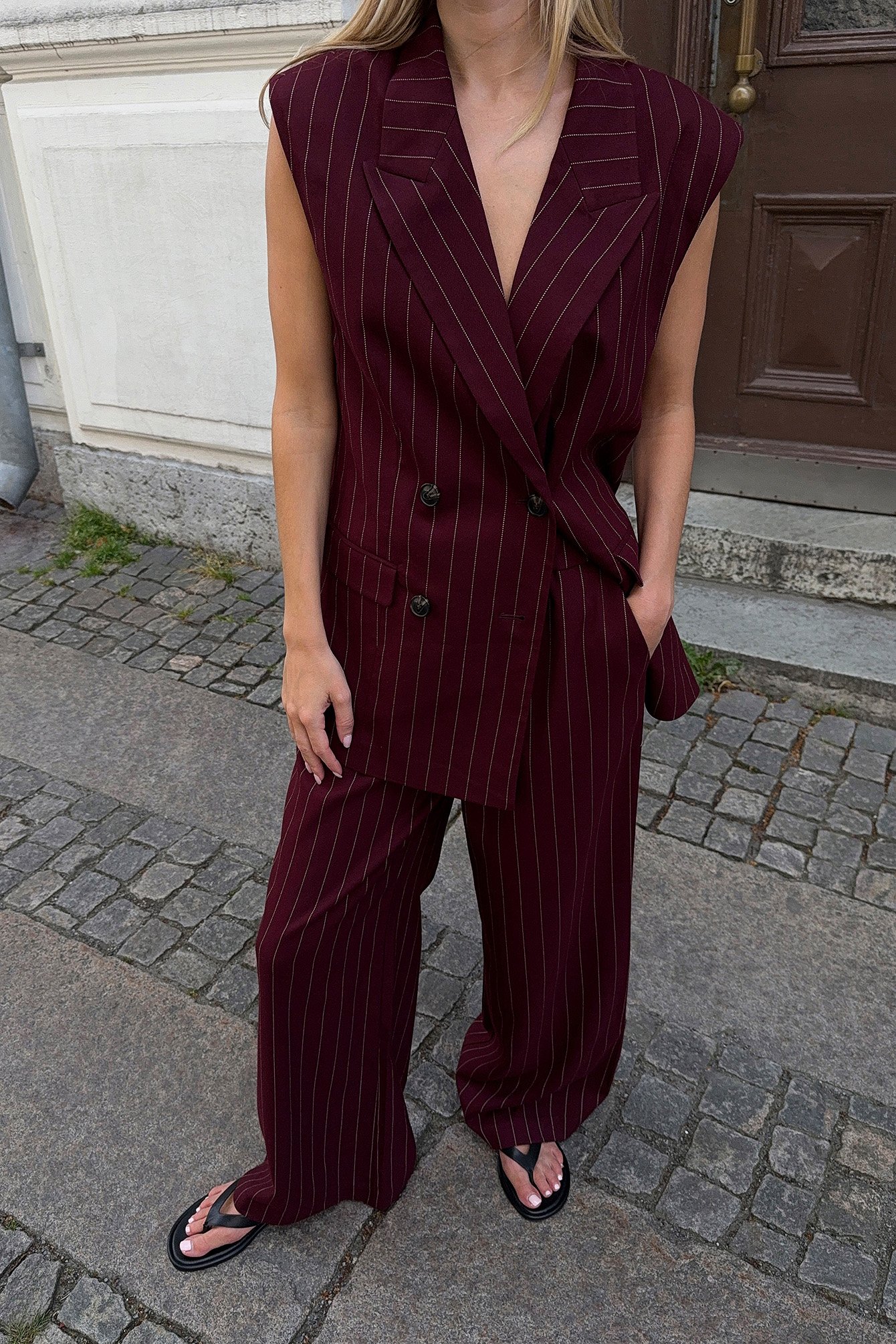NA-KD - Elastisk bukse med vidt liv - Stripete bukser - Burgundy,Stripe - EU 32 - NA-KD / NAKD