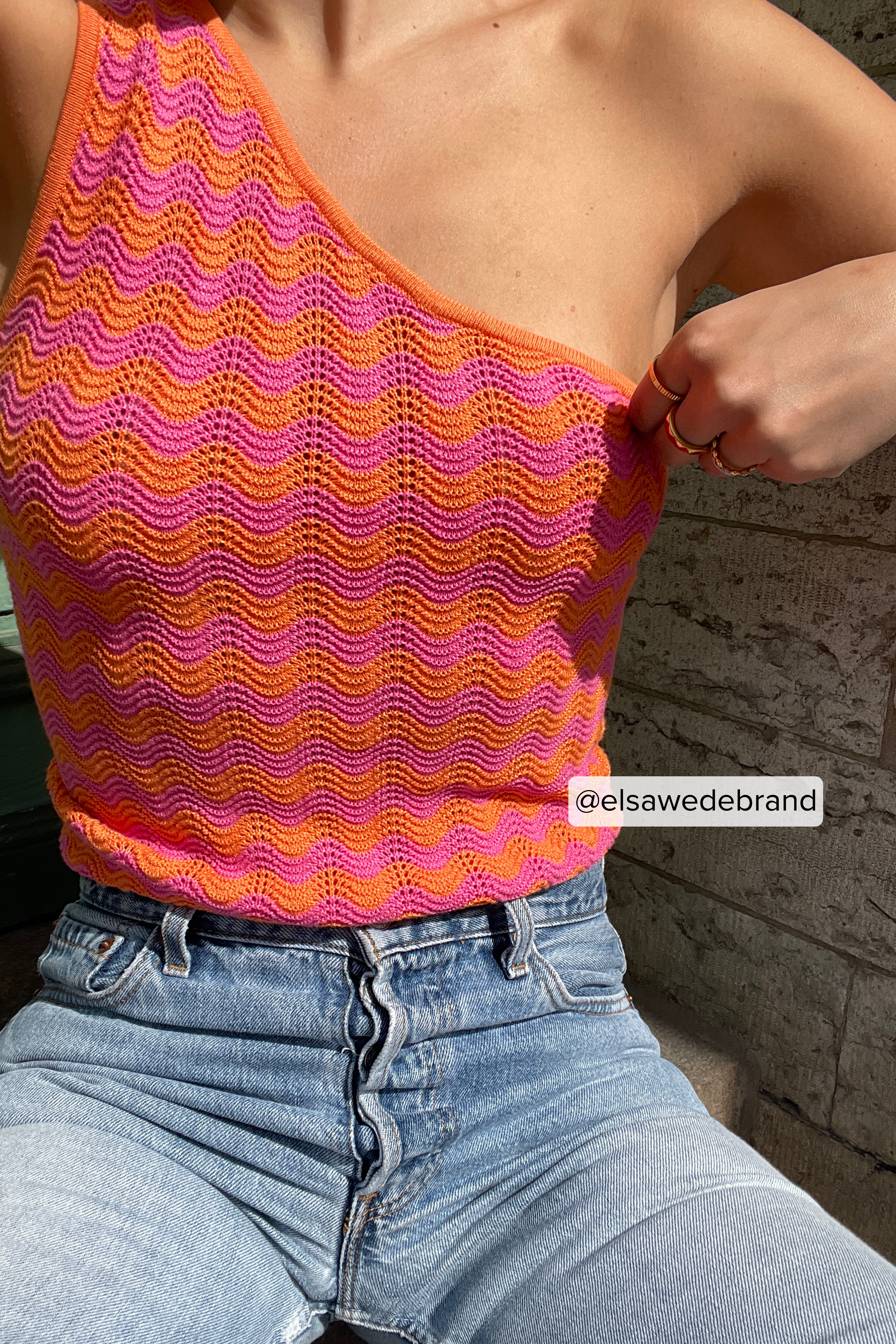 Pink/Orange One Shoulder Wavy Stripe Knitted Top