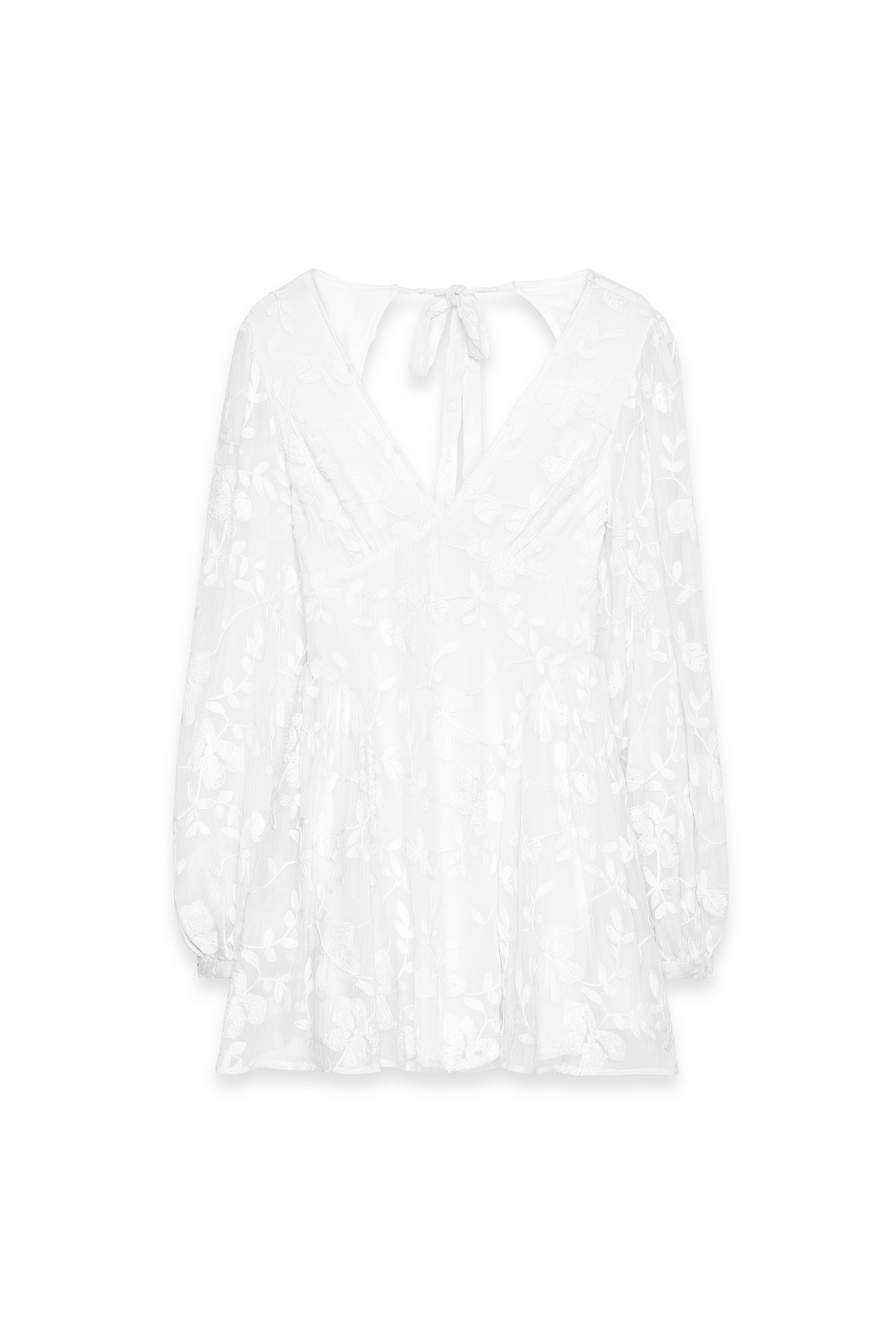 White Långärmad miniklänning i chiffon med broderi