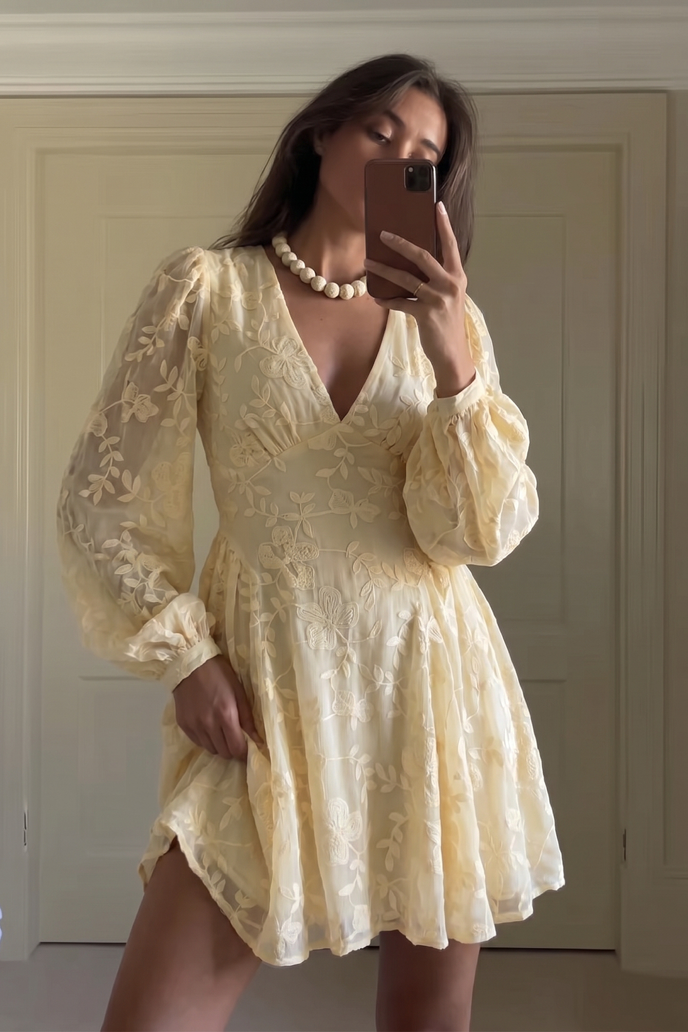 Embroidered Chiffon Long Sleeve Mini Dress - Flower Dresses - Yellow - EU 34 - NA-KD / NAKD